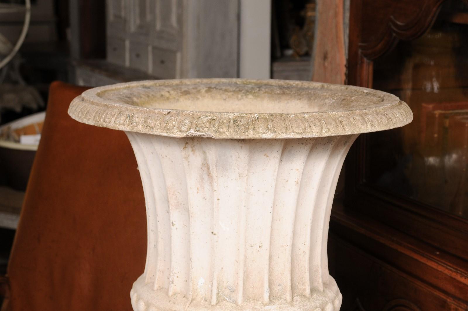 Stone Italian Turn of the Century Campania Urn with Gadroon Motifs on Tall Pedestal