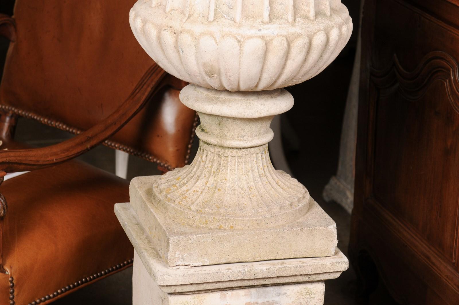 Italian Turn of the Century Campania Urn with Gadroon Motifs on Tall Pedestal 1