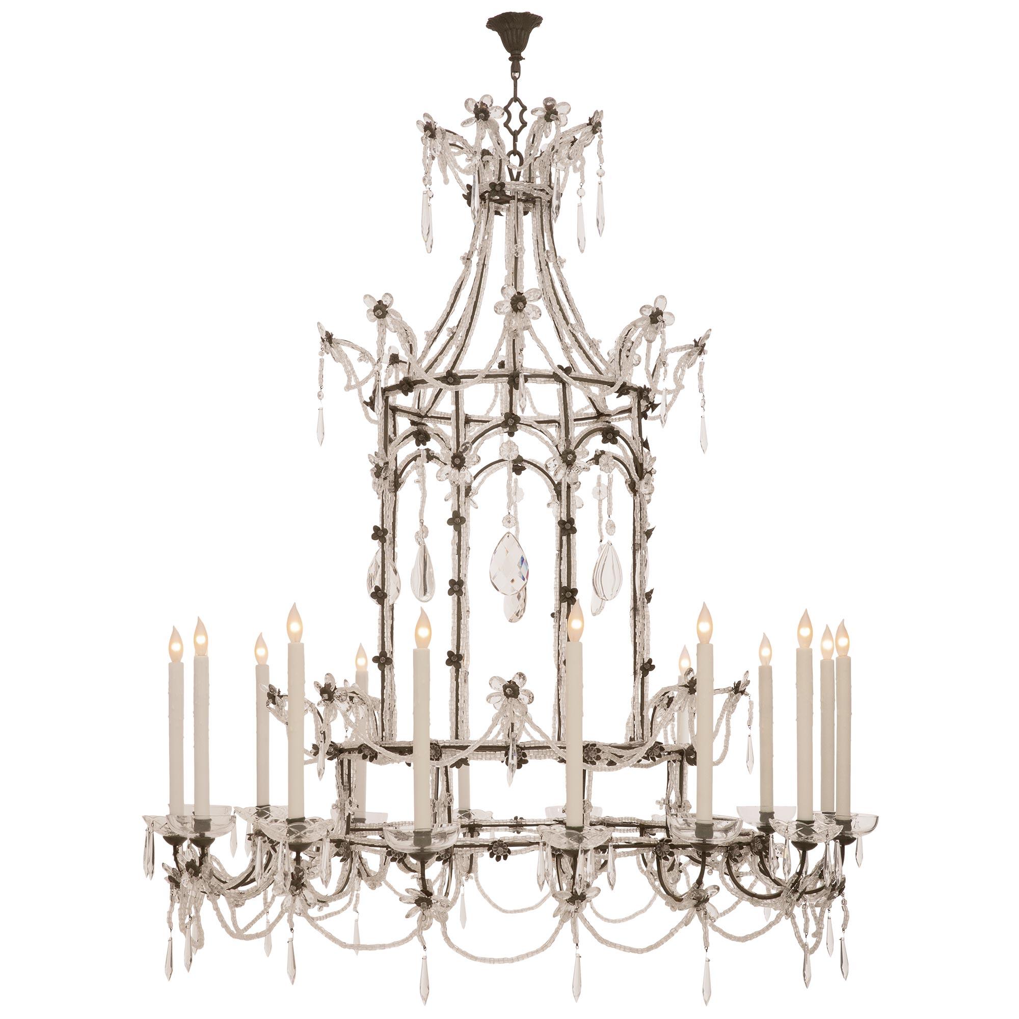 Italian Turn Of The Century Iron, Crystal And Cut Glass Chandelier For Sale 4