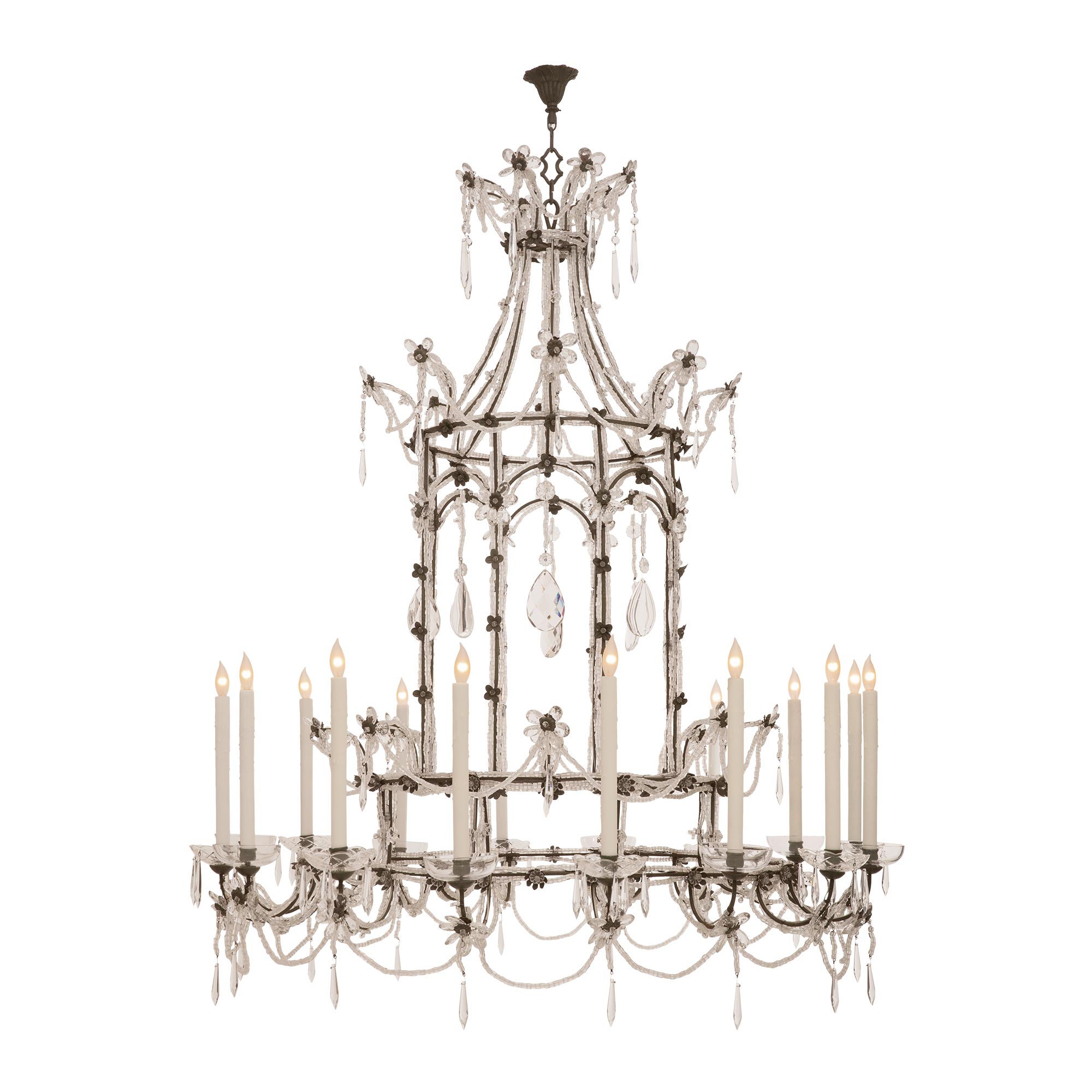 Lustre italien du début du siècle en fer, cristal et verre taillé