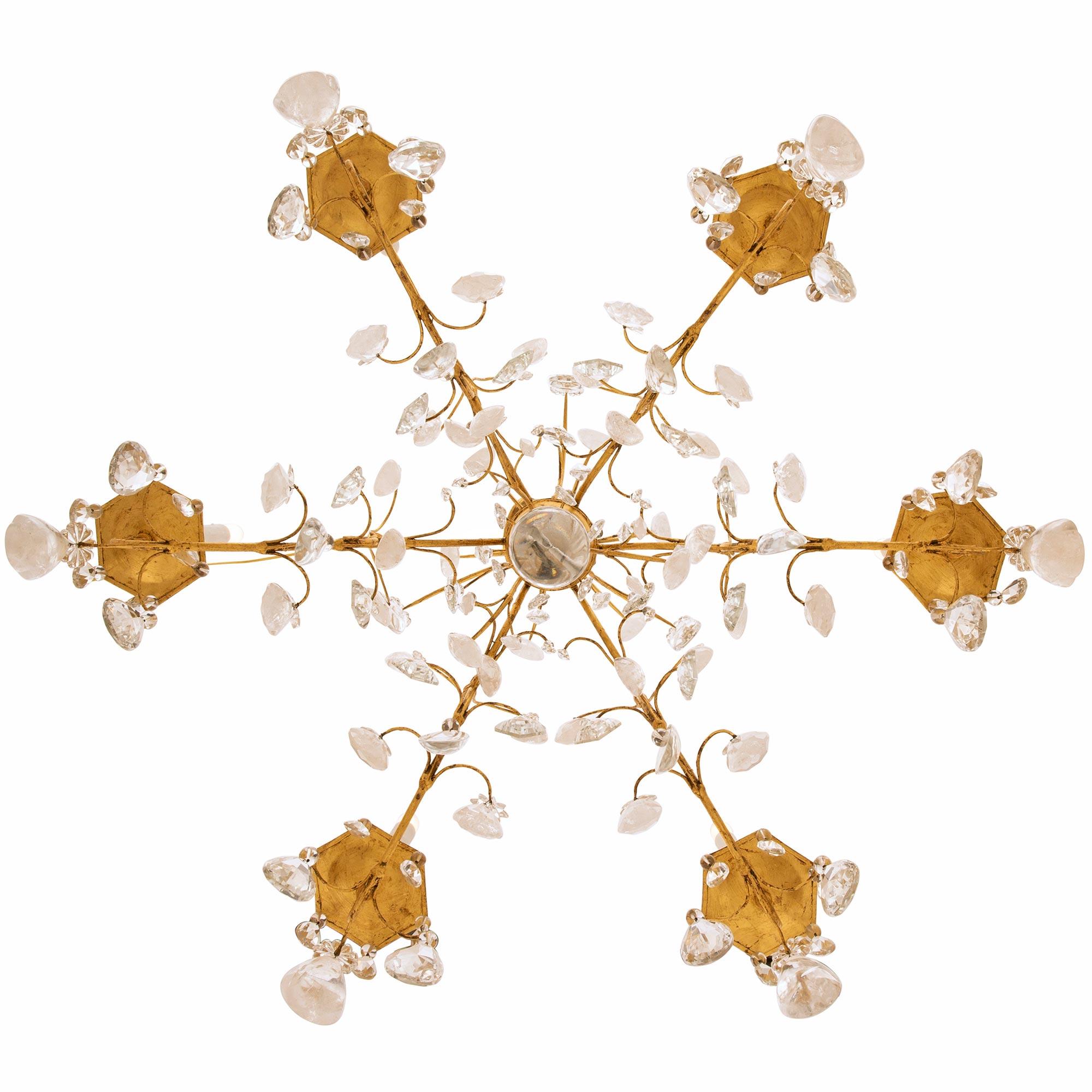 Italian Turn of the Century Louis XV st. Gilt Metal and Rock Crystal chandelier For Sale 5