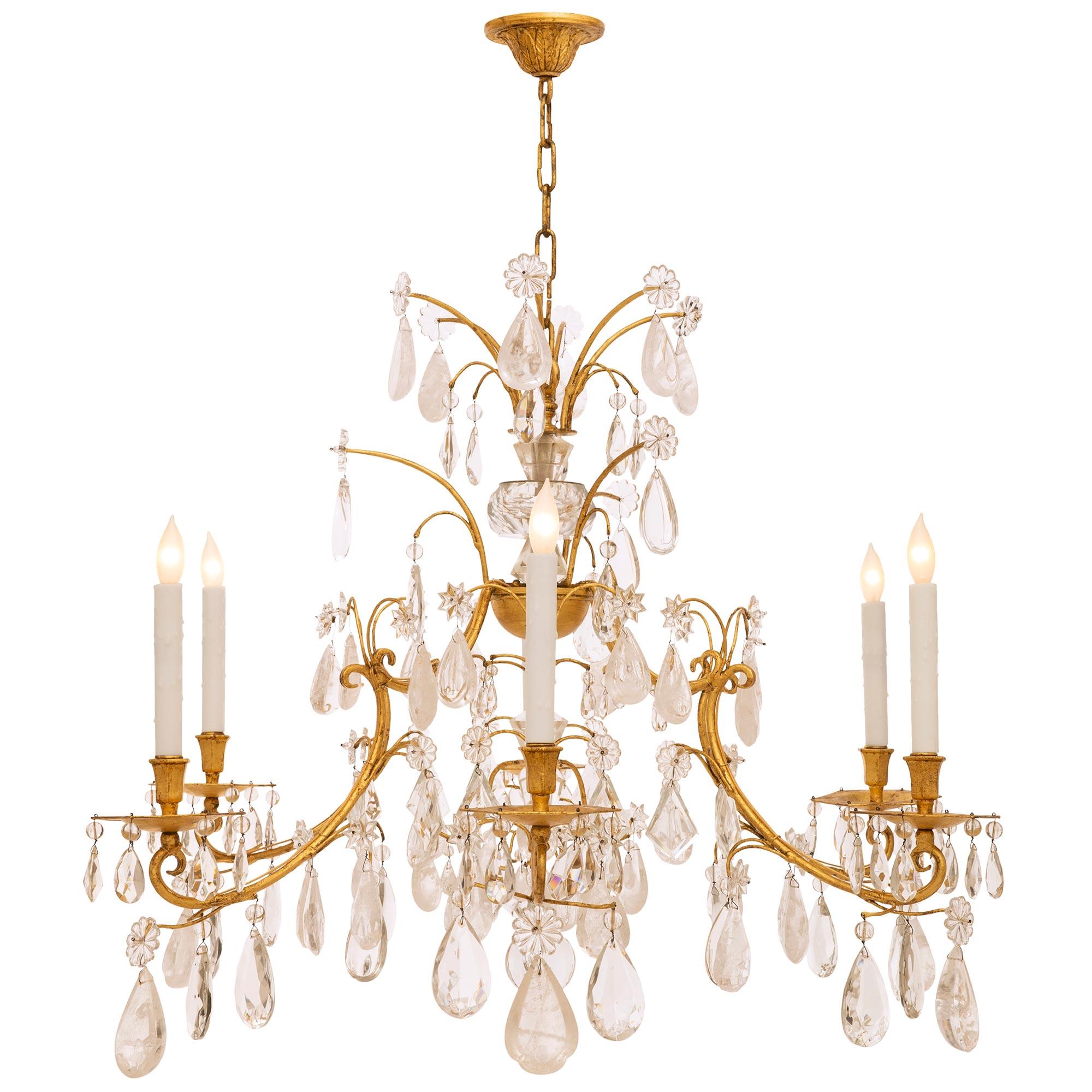 French Italian Turn of the Century Louis XV st. Gilt Metal and Rock Crystal chandelier For Sale