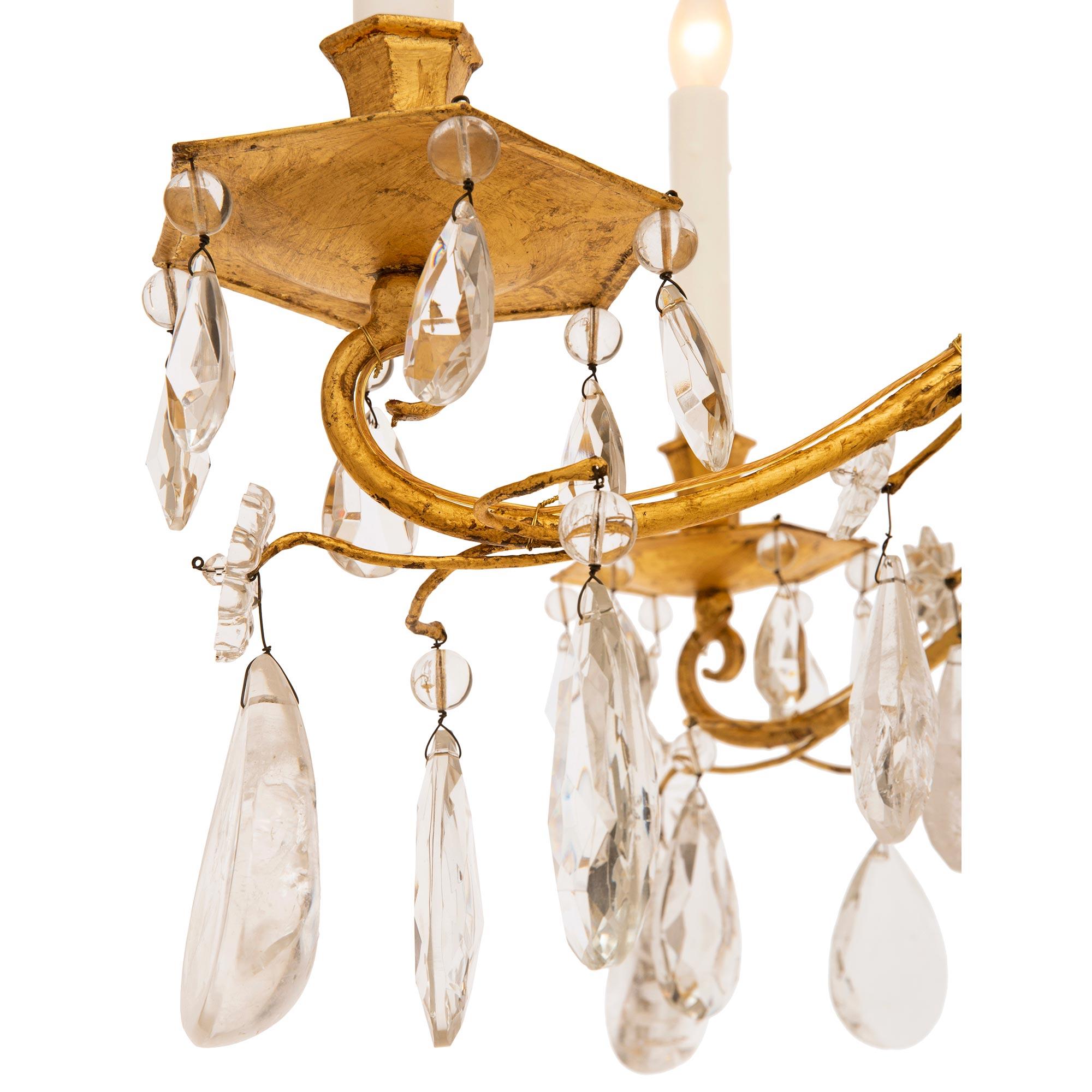 Italian Turn of the Century Louis XV st. Gilt Metal and Rock Crystal chandelier For Sale 3