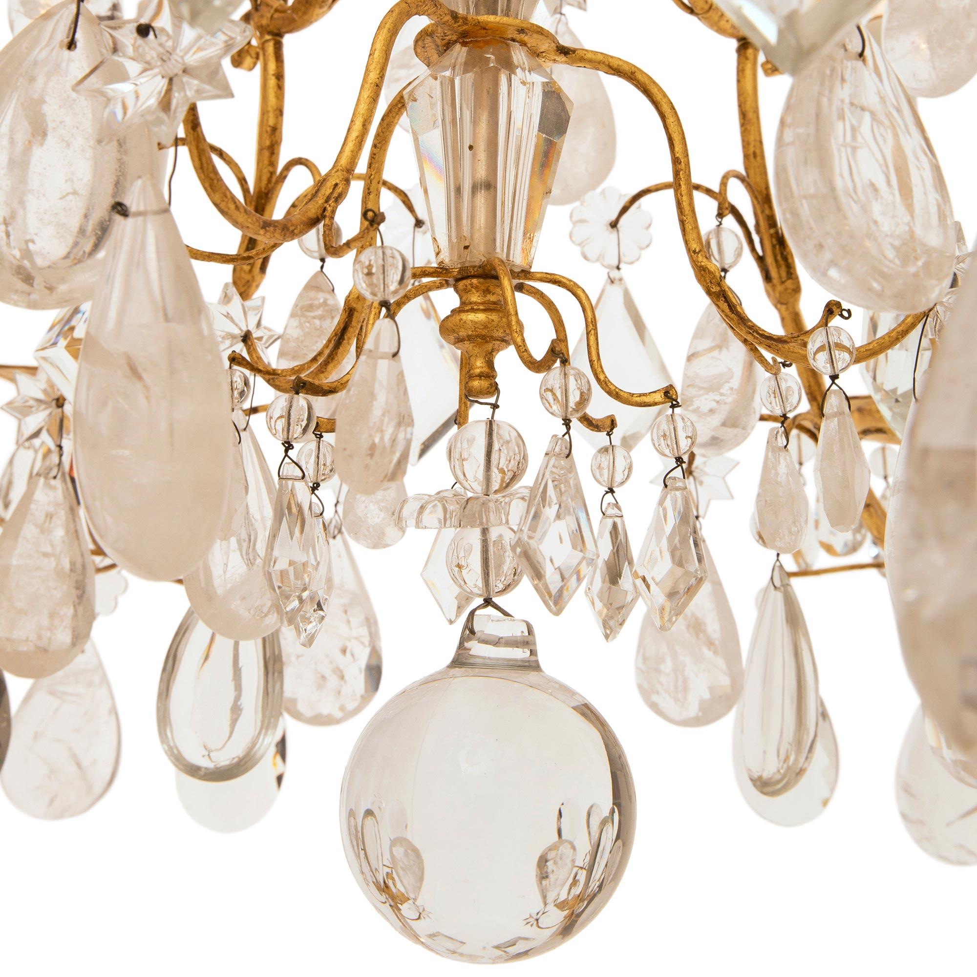 Italian Turn of the Century Louis XV st. Gilt Metal and Rock Crystal chandelier For Sale 4