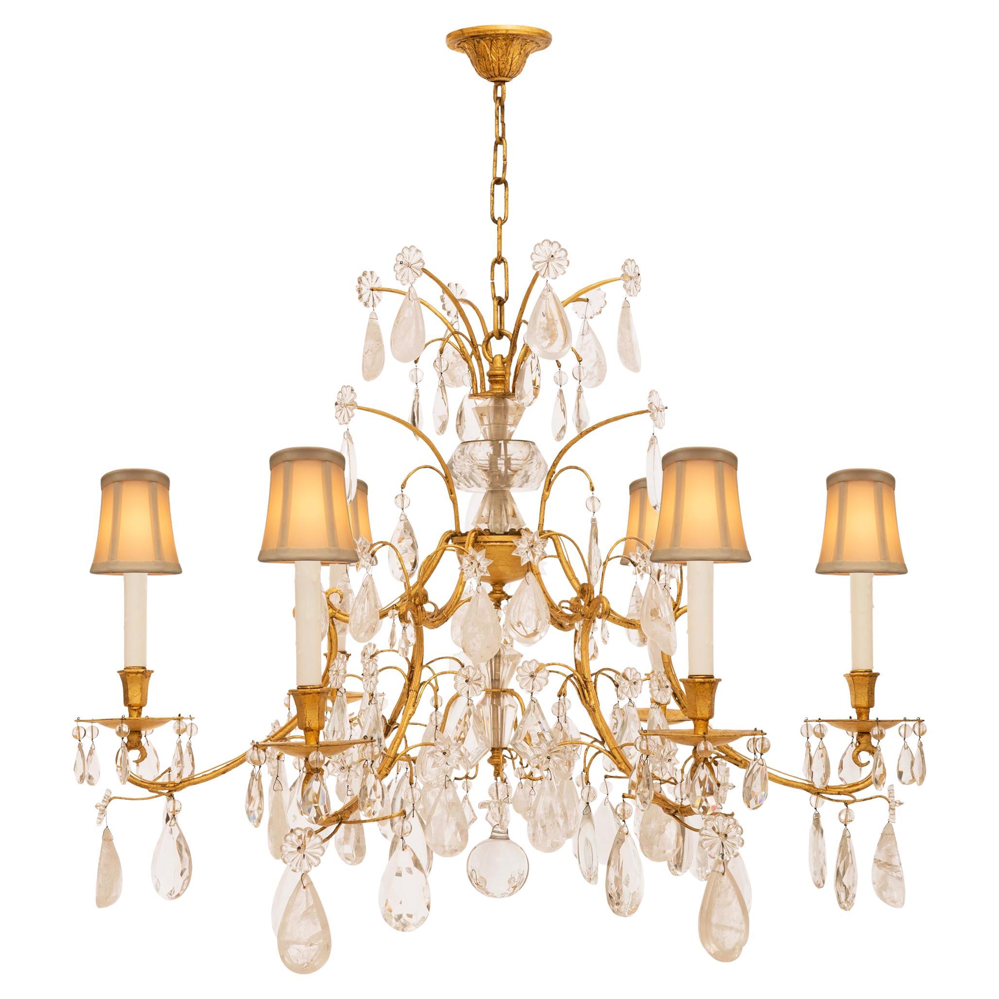 Italian Turn of the Century Louis XV st. Gilt Metal and Rock Crystal chandelier