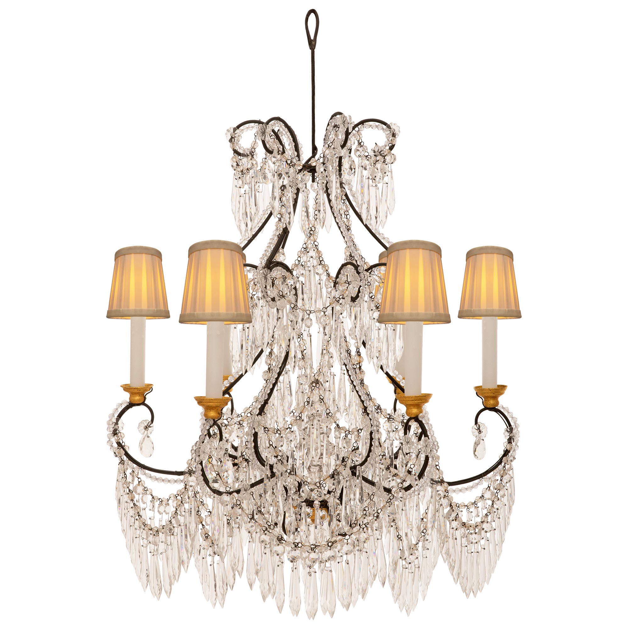 Italian Turn Of The Century Louis XV St. Wrought Iron & Crystal Chandelier For Sale