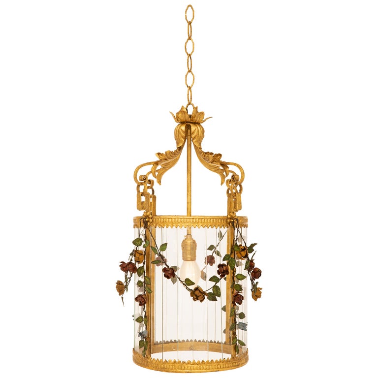 Italian Turn of the Century Louis XVI St. Gilt Metal and Tole Lantern