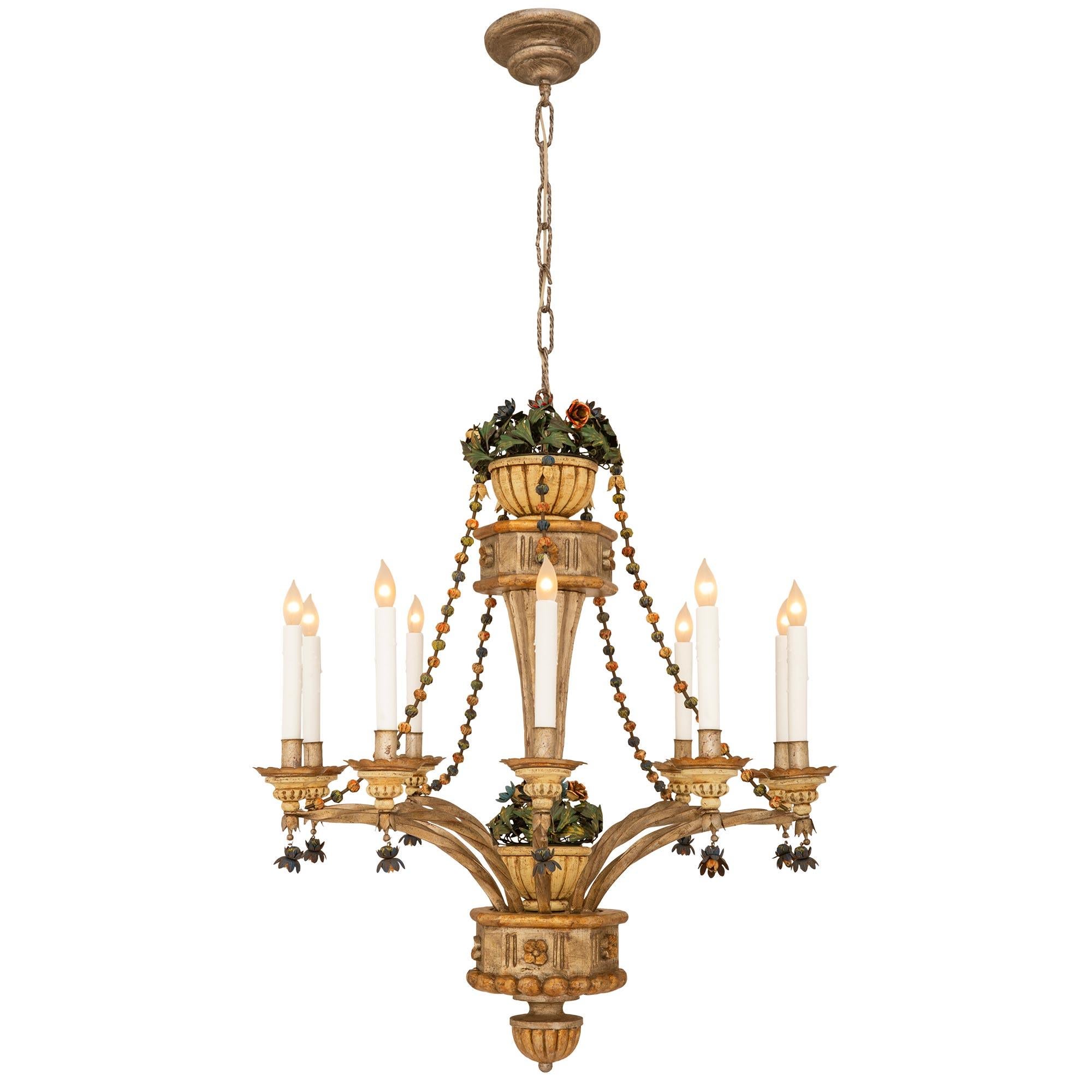 Patinated Italian Turn of the Century Louis XVI st. Tole, and patinated Wood chandelier For Sale