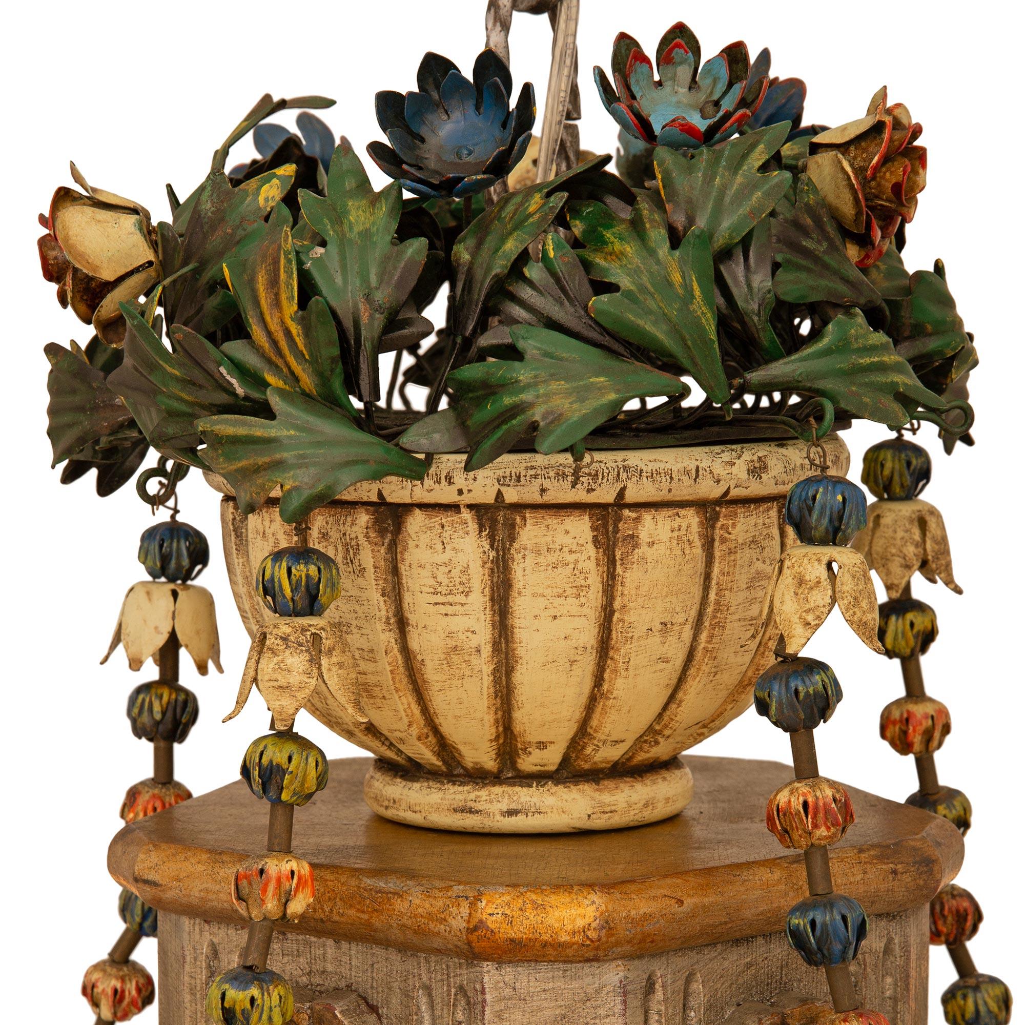 19th Century Italian Turn of the Century Louis XVI st. Tole, and patinated Wood chandelier For Sale
