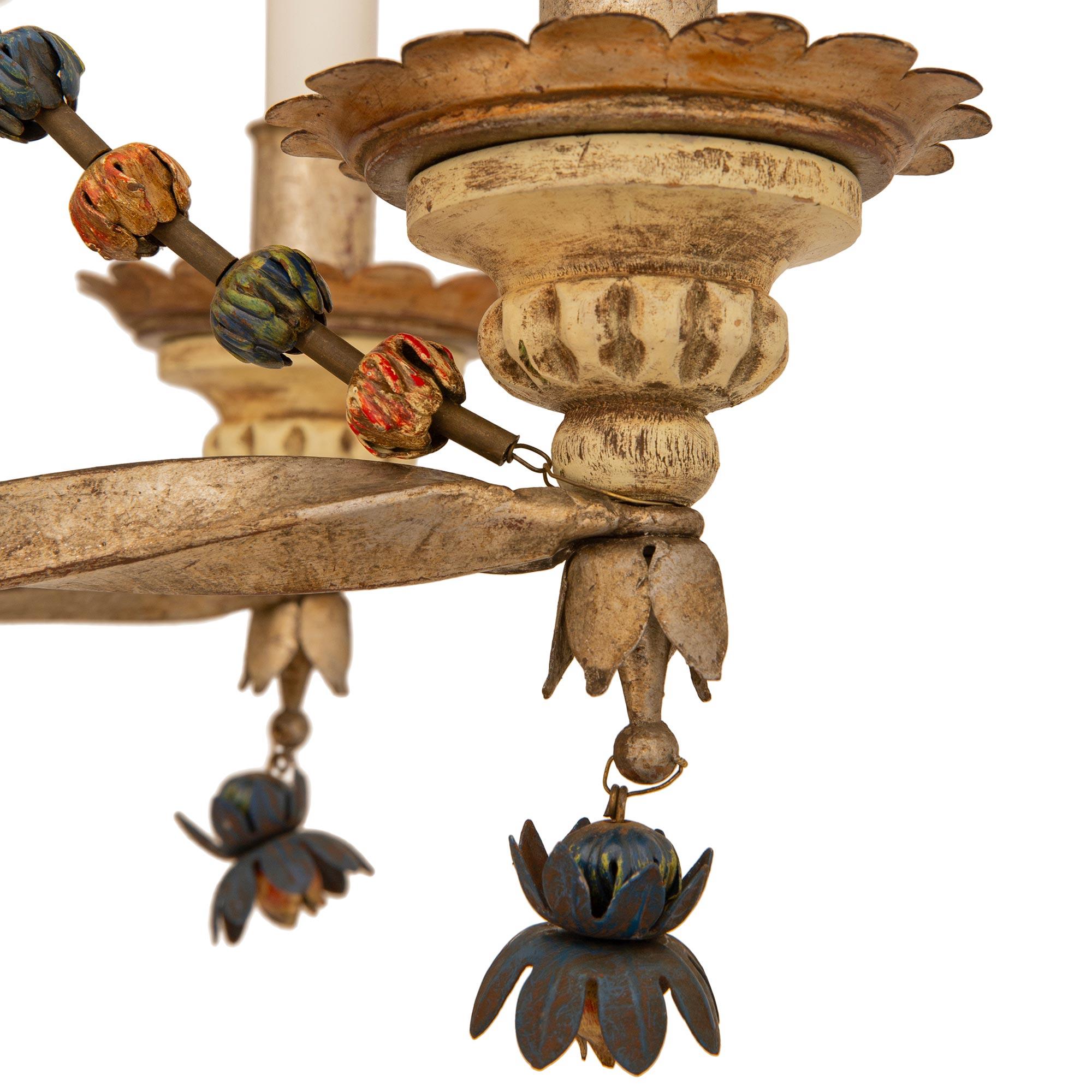 Italian Turn of the Century Louis XVI st. Tole, and patinated Wood chandelier For Sale 1