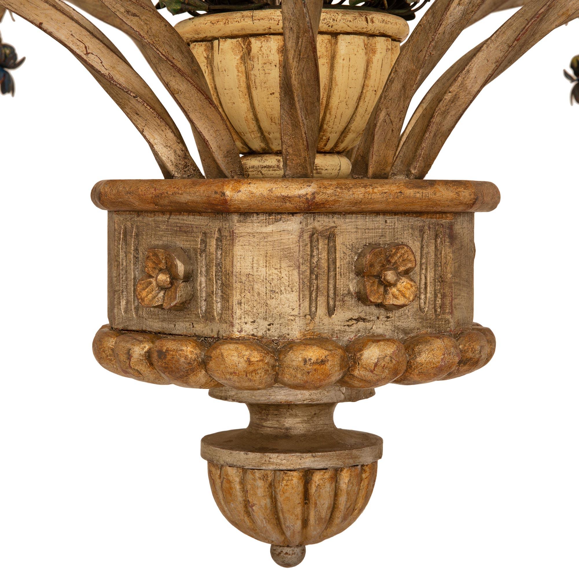 Italian Turn of the Century Louis XVI st. Tole, and patinated Wood chandelier For Sale 2