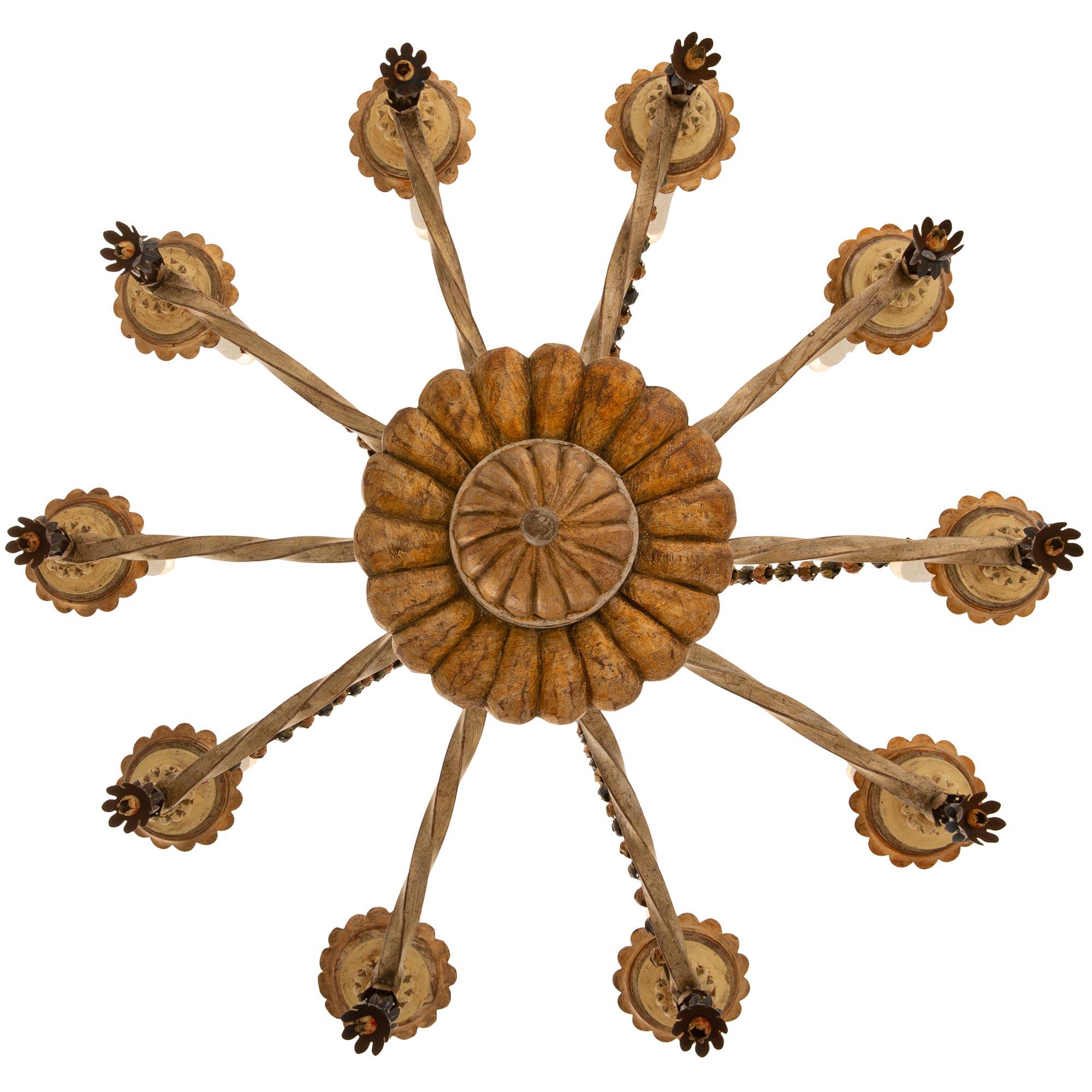 Italian Turn of the Century Louis XVI st. Tole, and patinated Wood chandelier For Sale 3