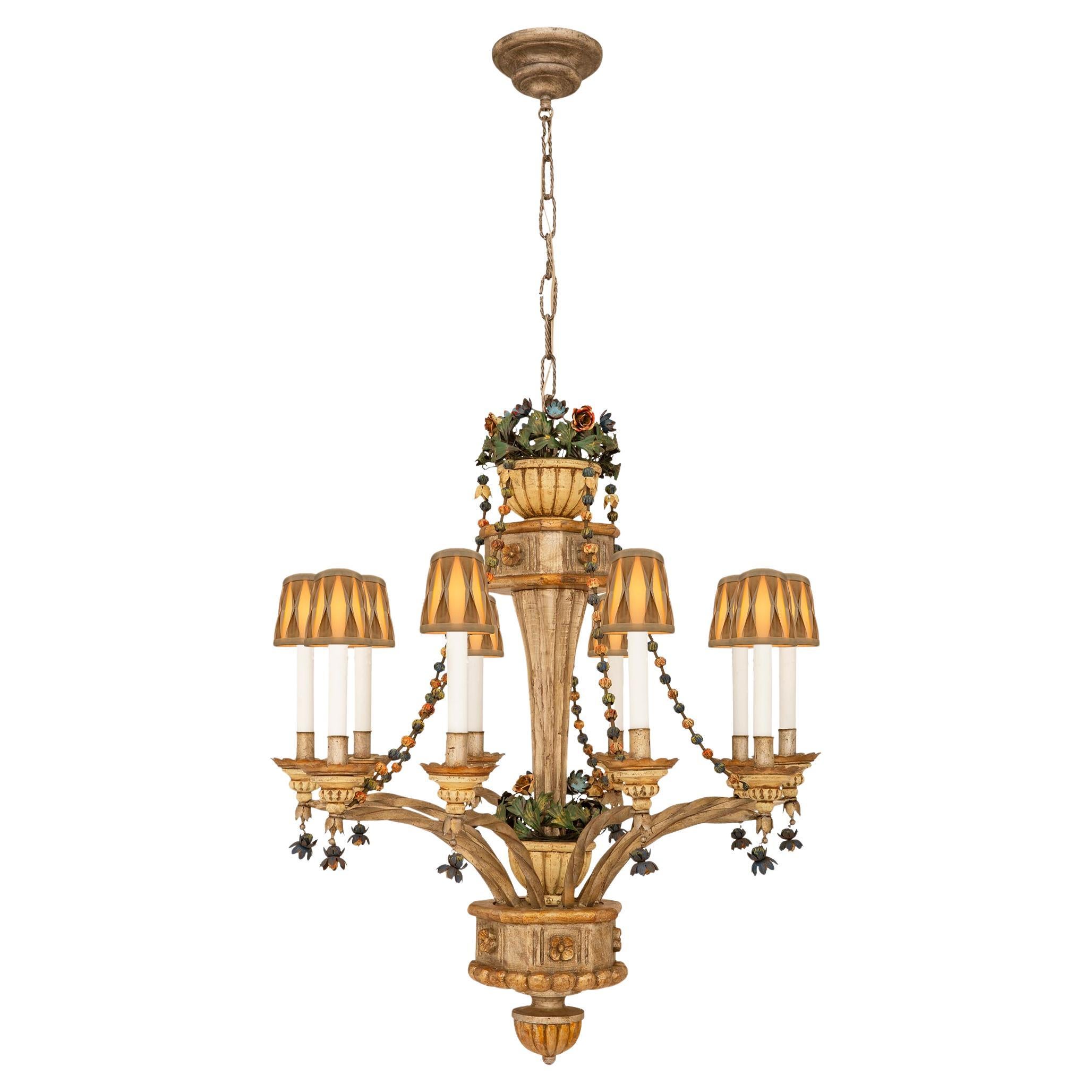 Italian Turn of the Century Louis XVI st. Tole, and patinated Wood chandelier For Sale