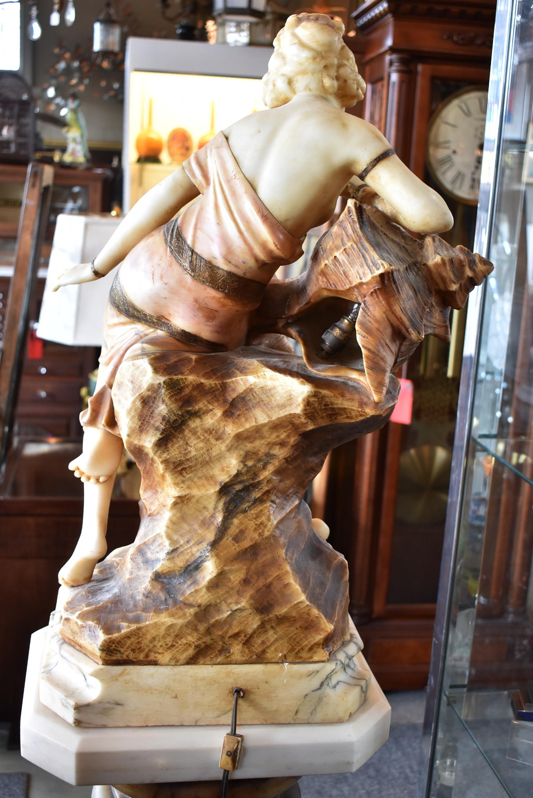 Italian Turn of the Century Marble Sculpture Sea Maiden Conch Shell Lights Up In Good Condition In Toledo, OH