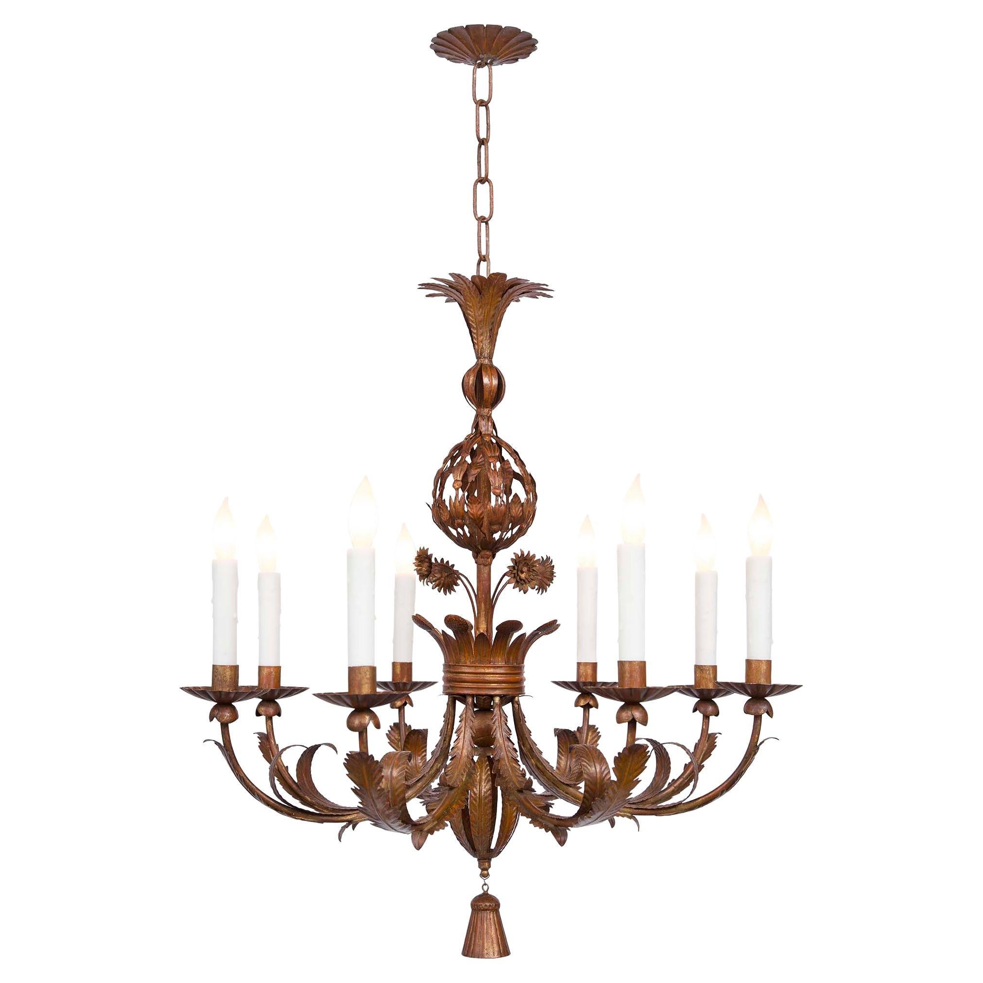Italian Turn of the Century Pressed Metal Eight-Arm Chandelier For Sale