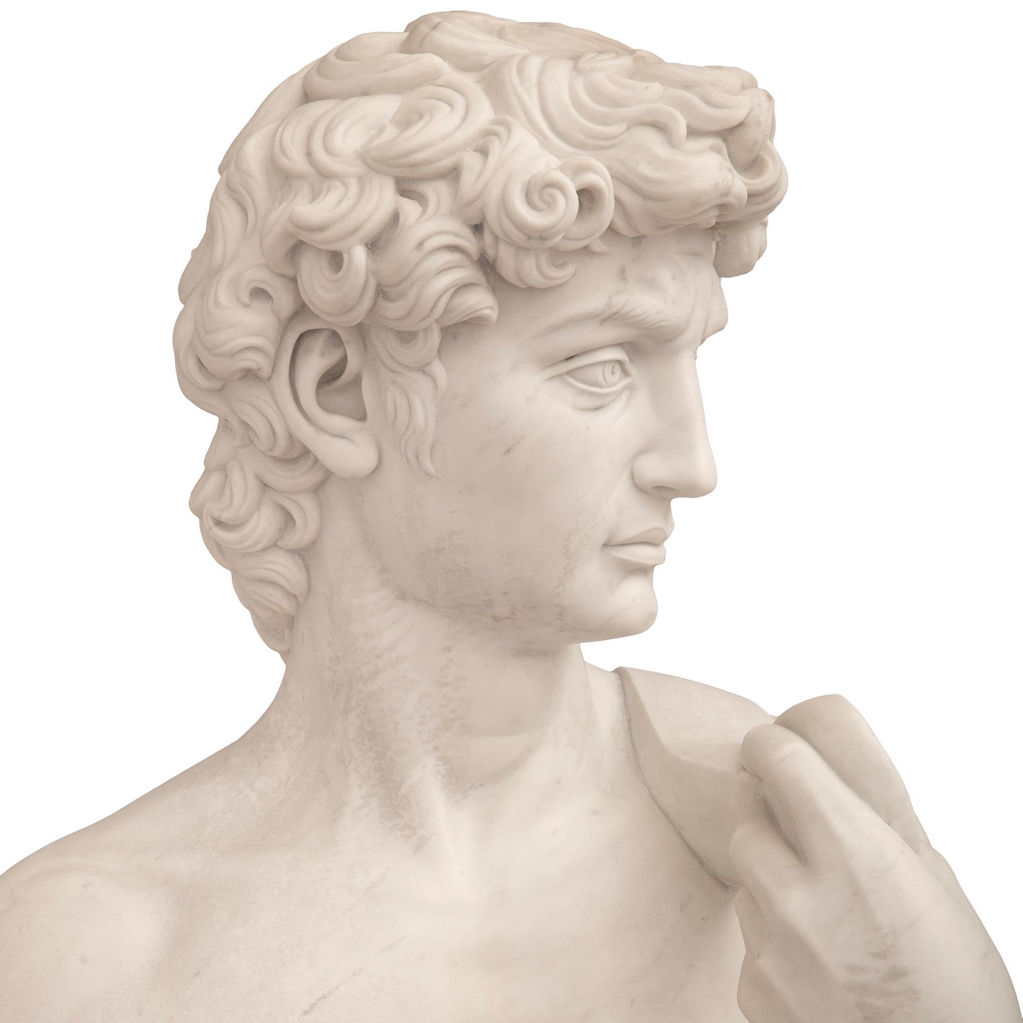 Carrara Marble Italian turn of the century white Carrara marble statue of Michelangelo's David. For Sale