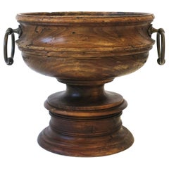 Italian Turned Wood Urn with Brass Handles