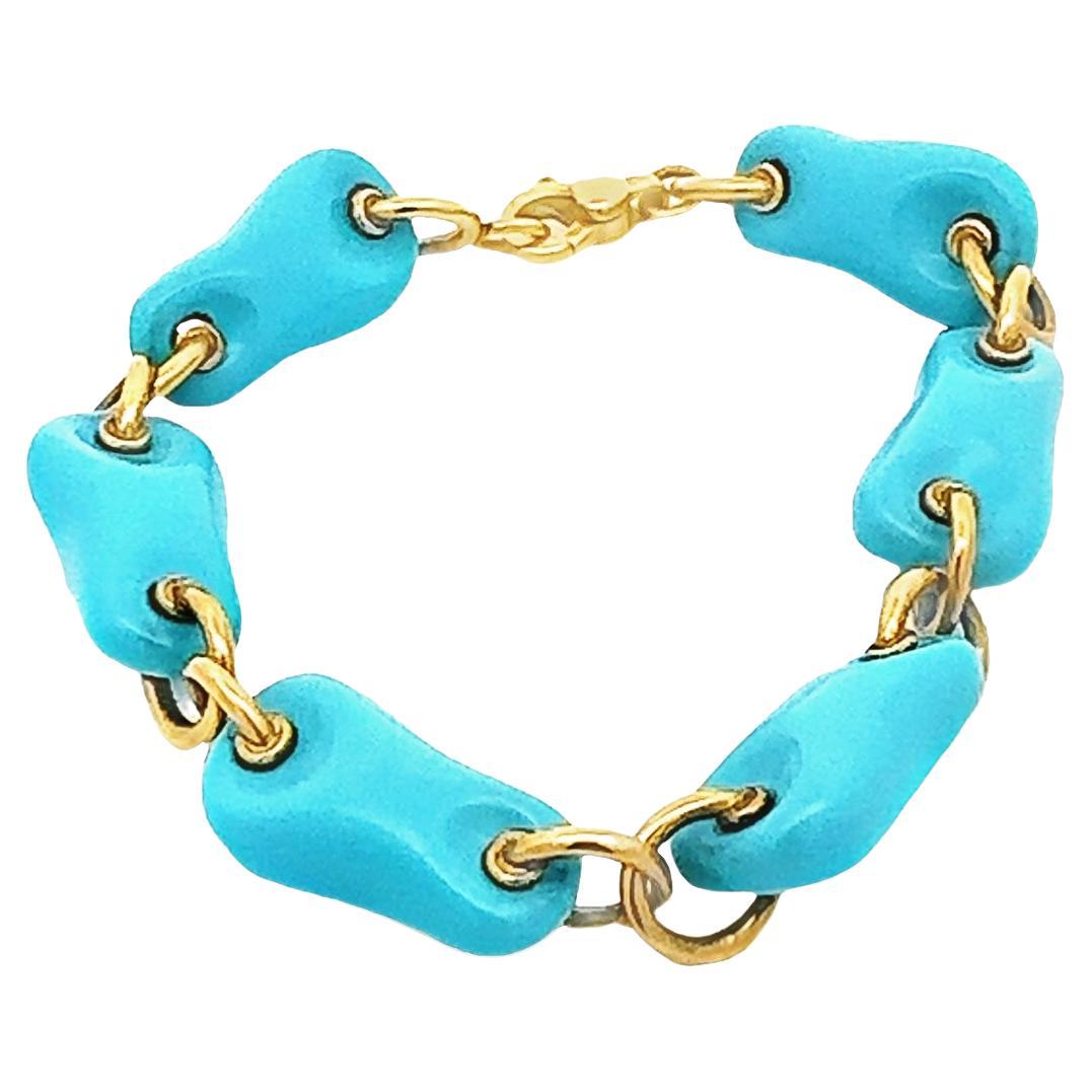 Italian Turquoise 18K Yellow Gold Link Bracelet  For Sale