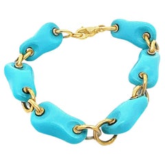 Retro Italian Turquoise 18K Yellow Gold Link Bracelet 