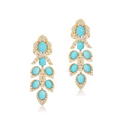 Italian Turquoise and Diamond Drop Earrings 18k Yellow Gold Andreoli