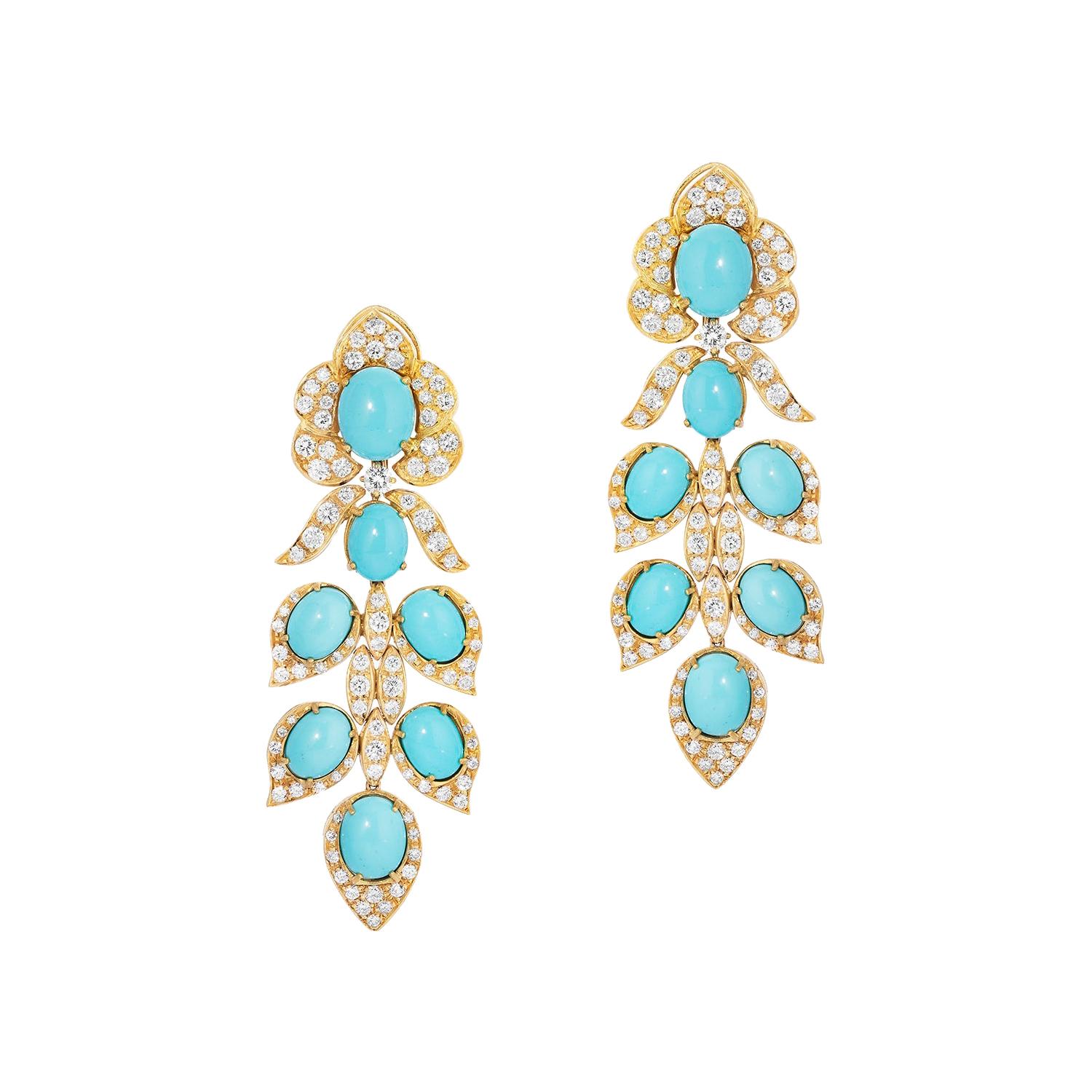 Italian Turquoise and Diamond Drop Earrings 18k Yellow Gold Andreoli