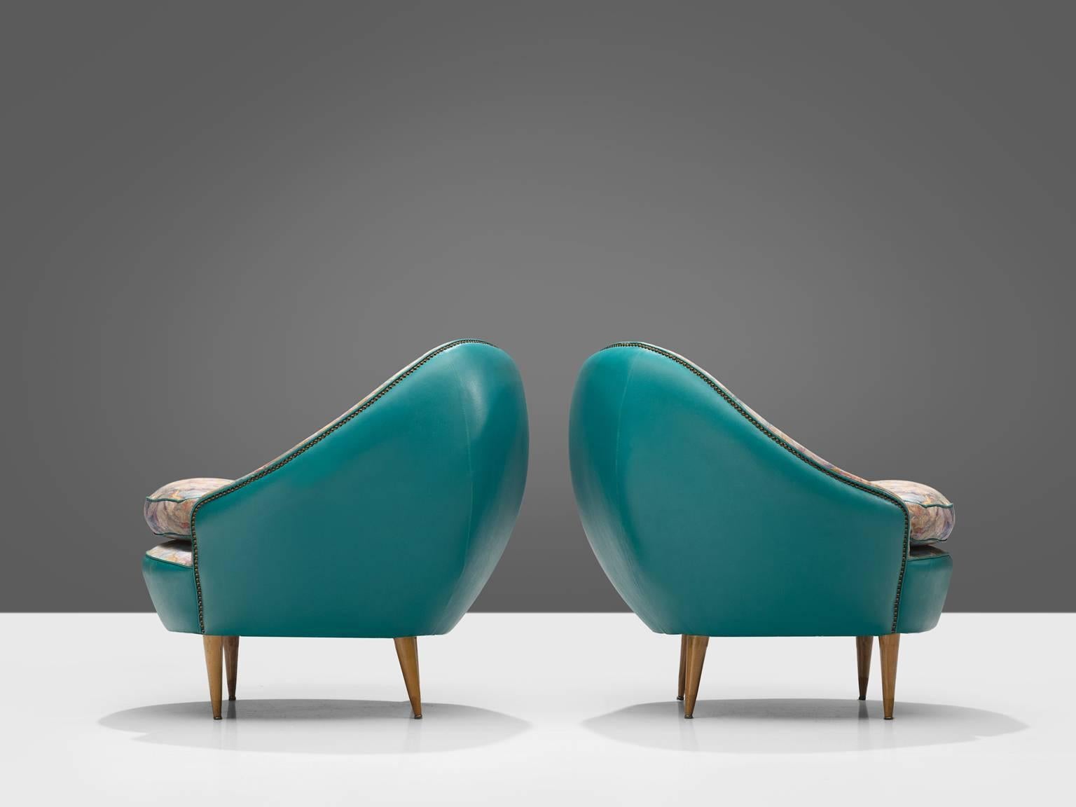 Italian Turquoise Club Chairs, circa 1950 In Good Condition In Waalwijk, NL