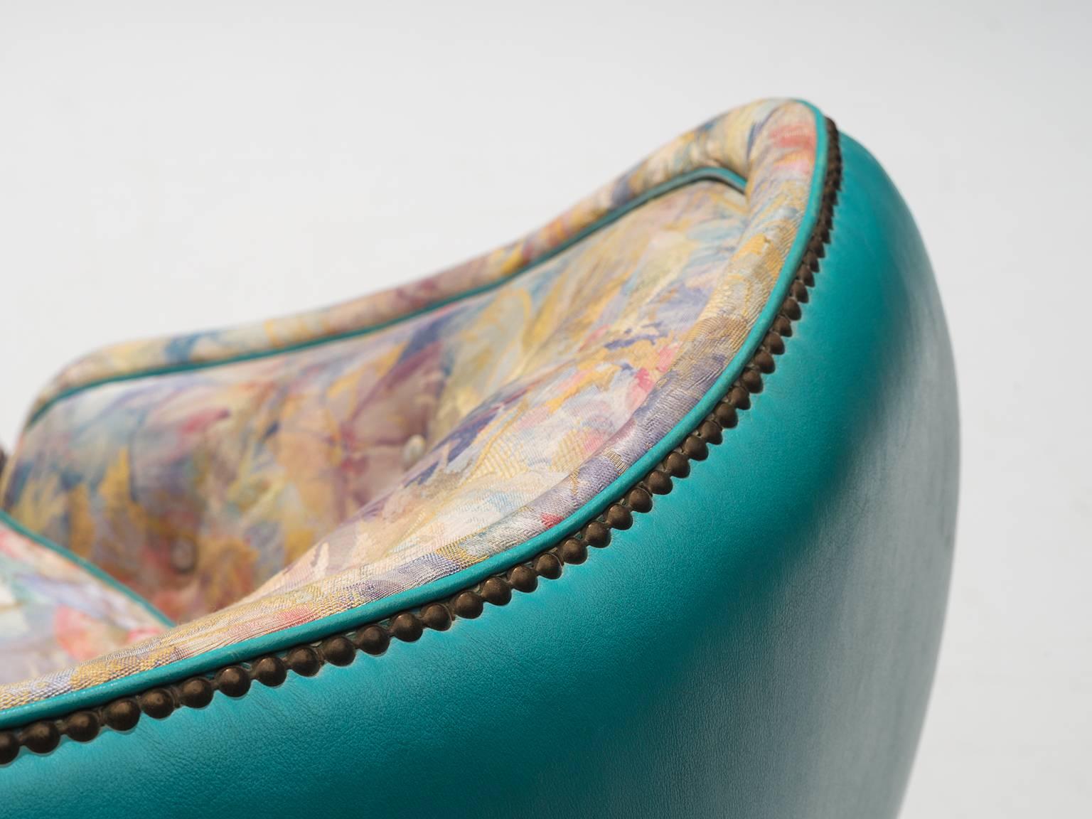 Fabric Italian Turquoise Club Chairs, circa 1950