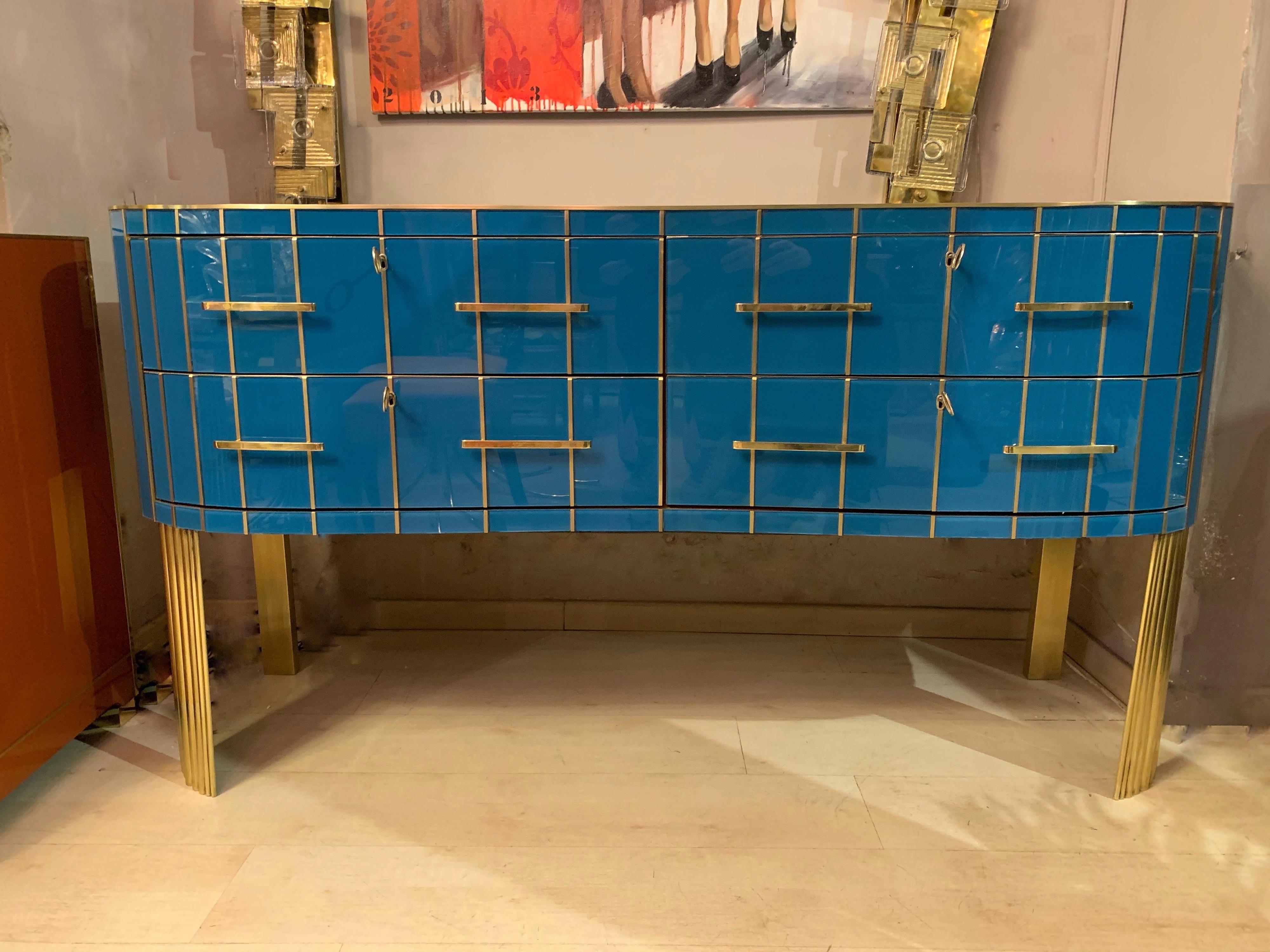 Italian Turquoise Opaline Glass Chest of Drawers, Brass Handles and Inlays, 1980 5