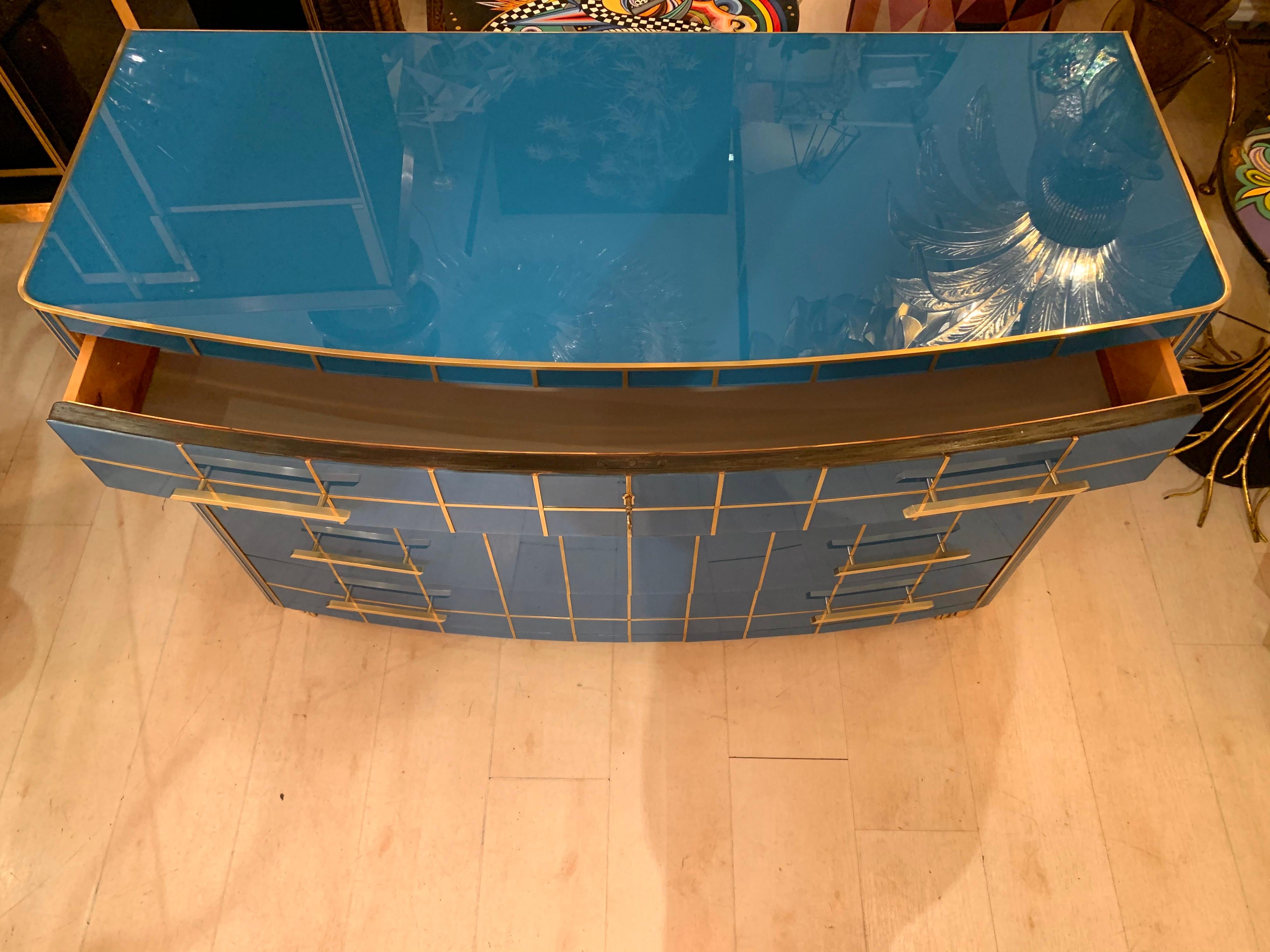 Italian Turquoise Opaline Glass Chest of Drawers, Brass Handles and Inlays, 1980 9