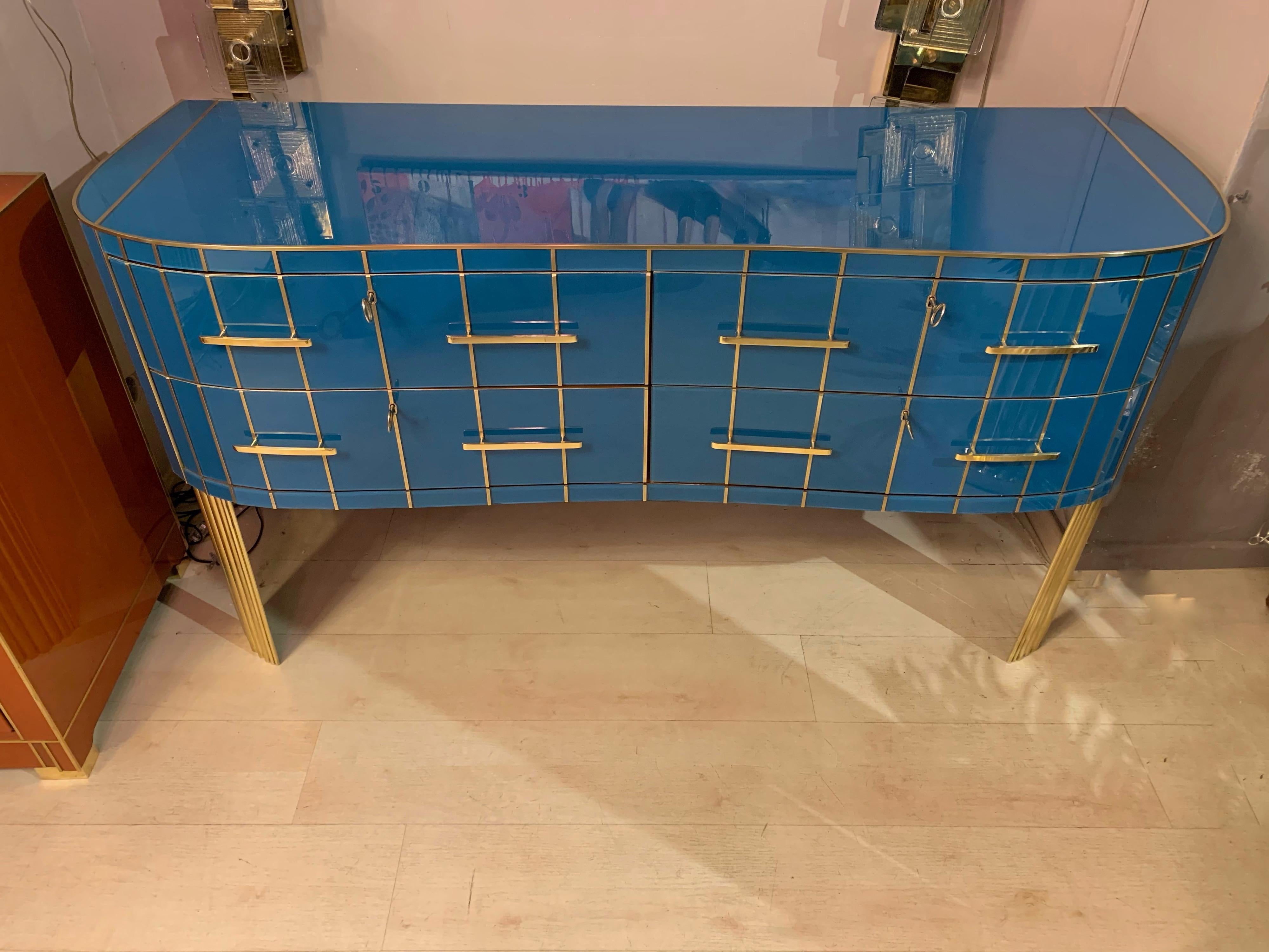 Italian Turquoise Opaline Glass Chest of Drawers, Brass Handles and Inlays, 1980 In Excellent Condition In Florence, IT