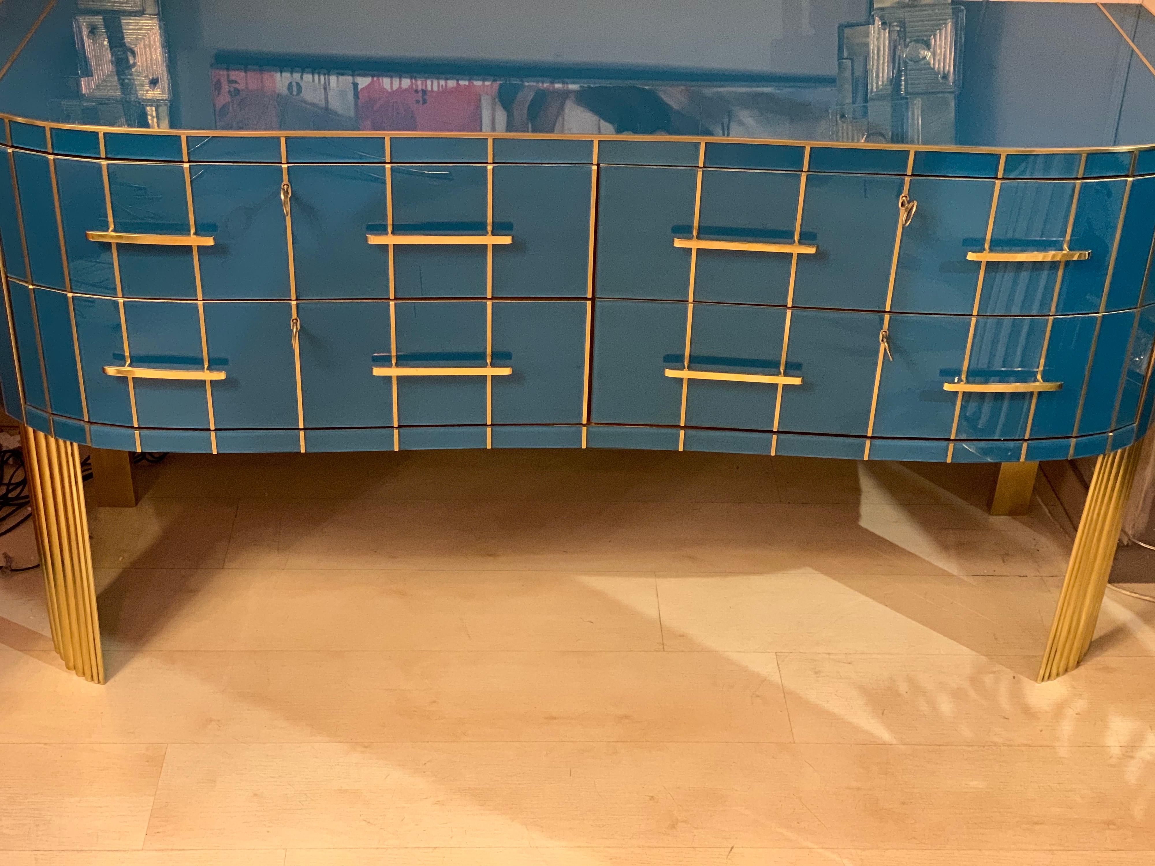 20th Century Italian Turquoise Opaline Glass Chest of Drawers, Brass Handles and Inlays, 1980