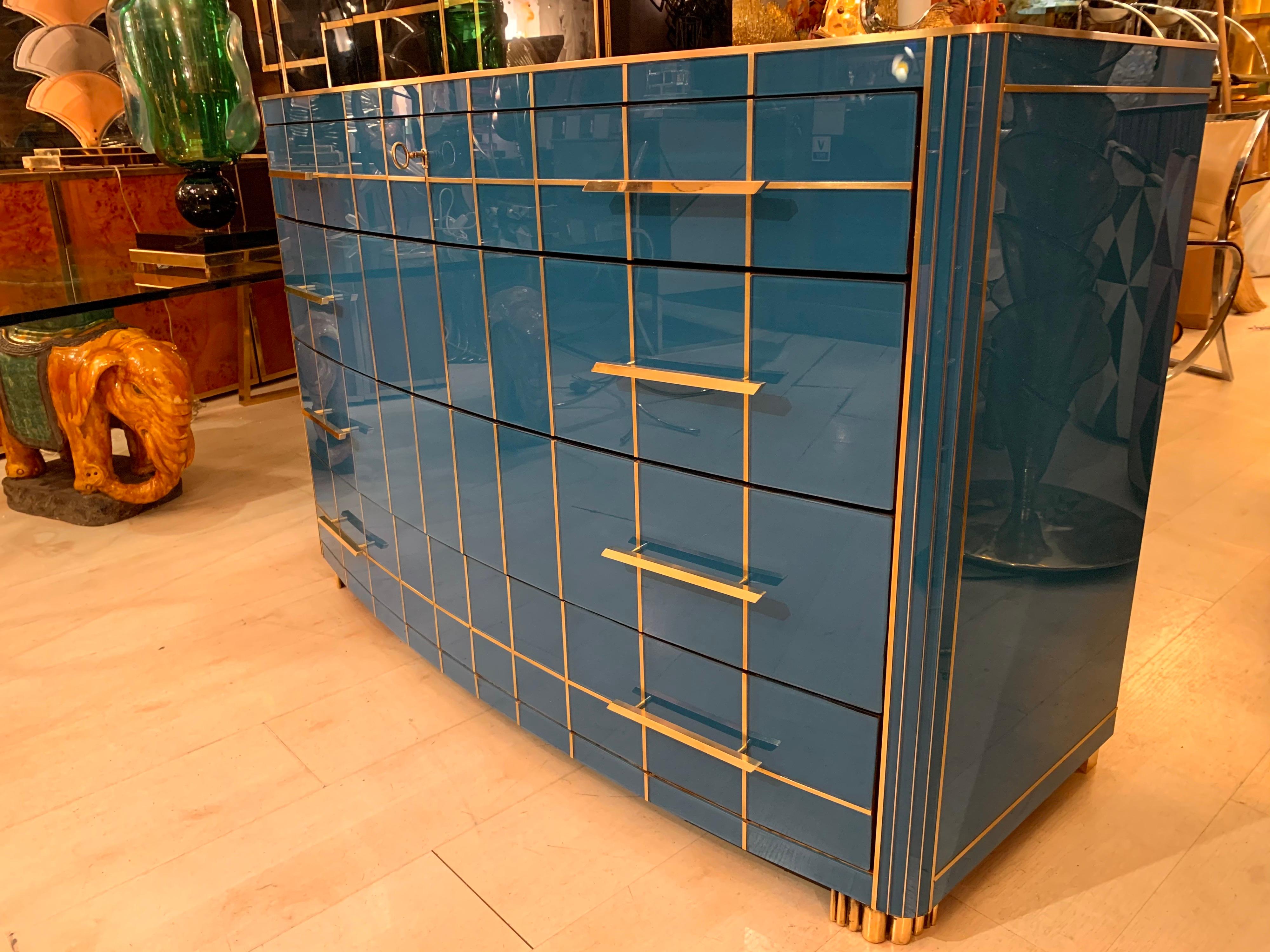 Italian Turquoise Opaline Glass Chest of Drawers, Brass Handles and Inlays, 1980 1