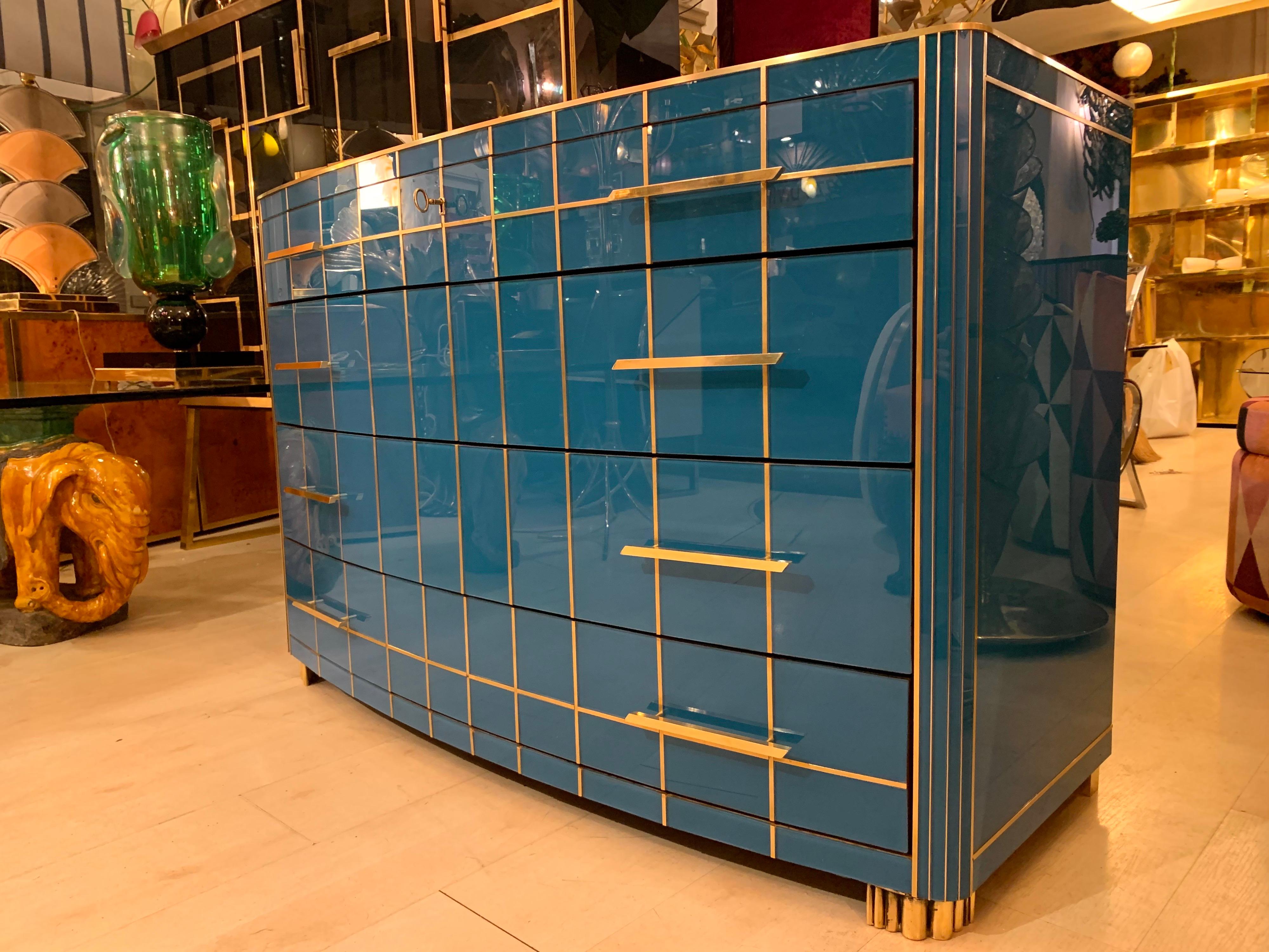 Italian Turquoise Opaline Glass Chest of Drawers, Brass Handles and Inlays, 1980 2