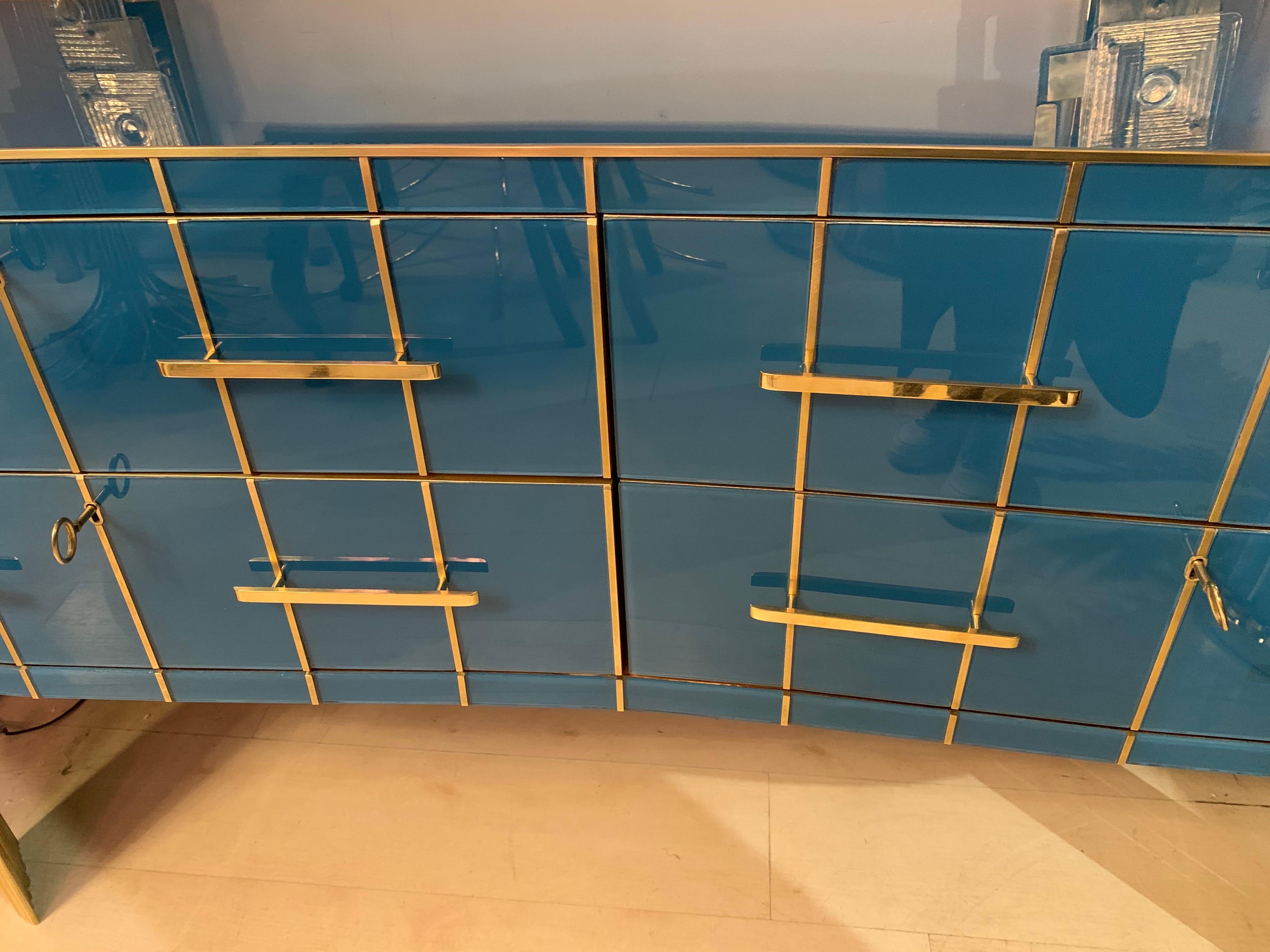 Italian Turquoise Opaline Glass Chest of Drawers, Brass Handles and Inlays, 1980 2