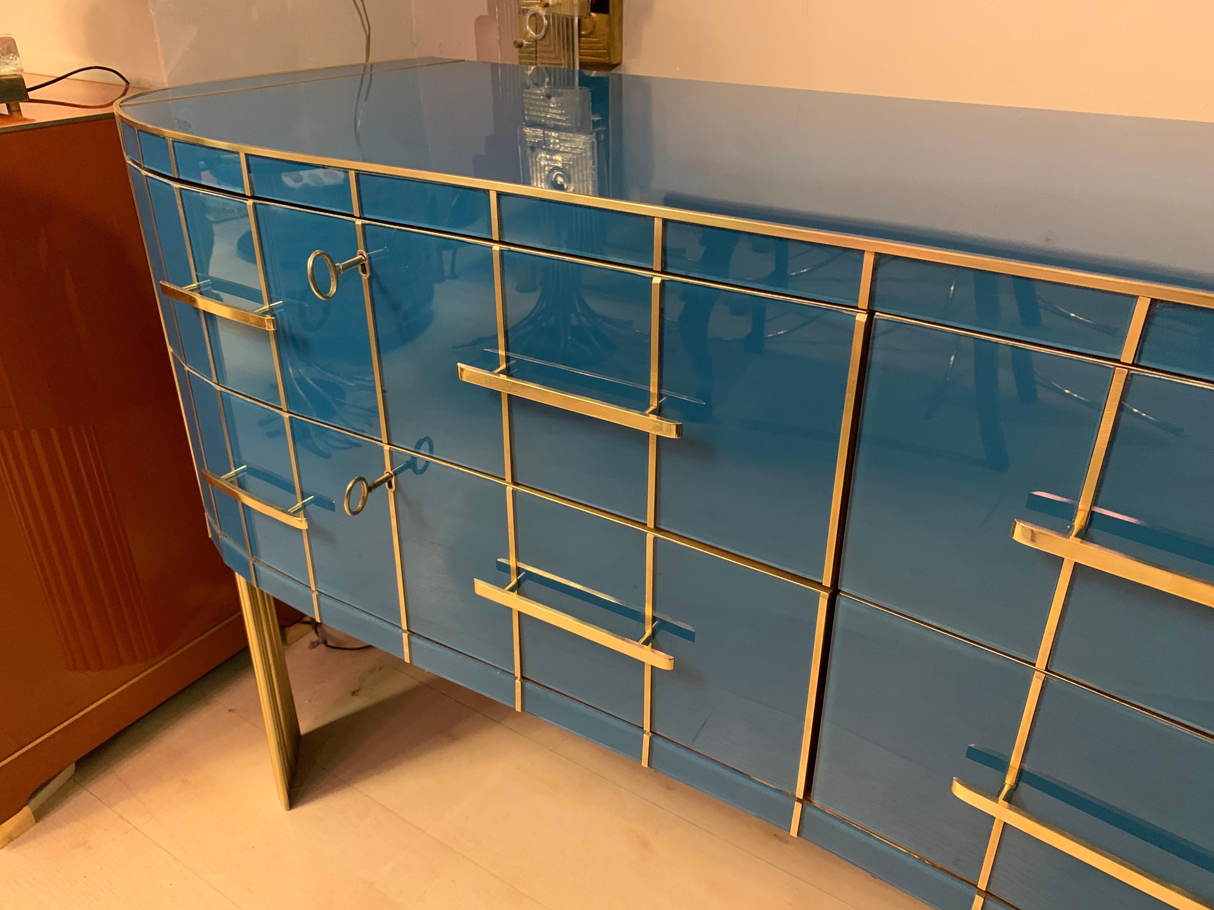 Italian Turquoise Opaline Glass Chest of Drawers, Brass Handles and Inlays, 1980 3