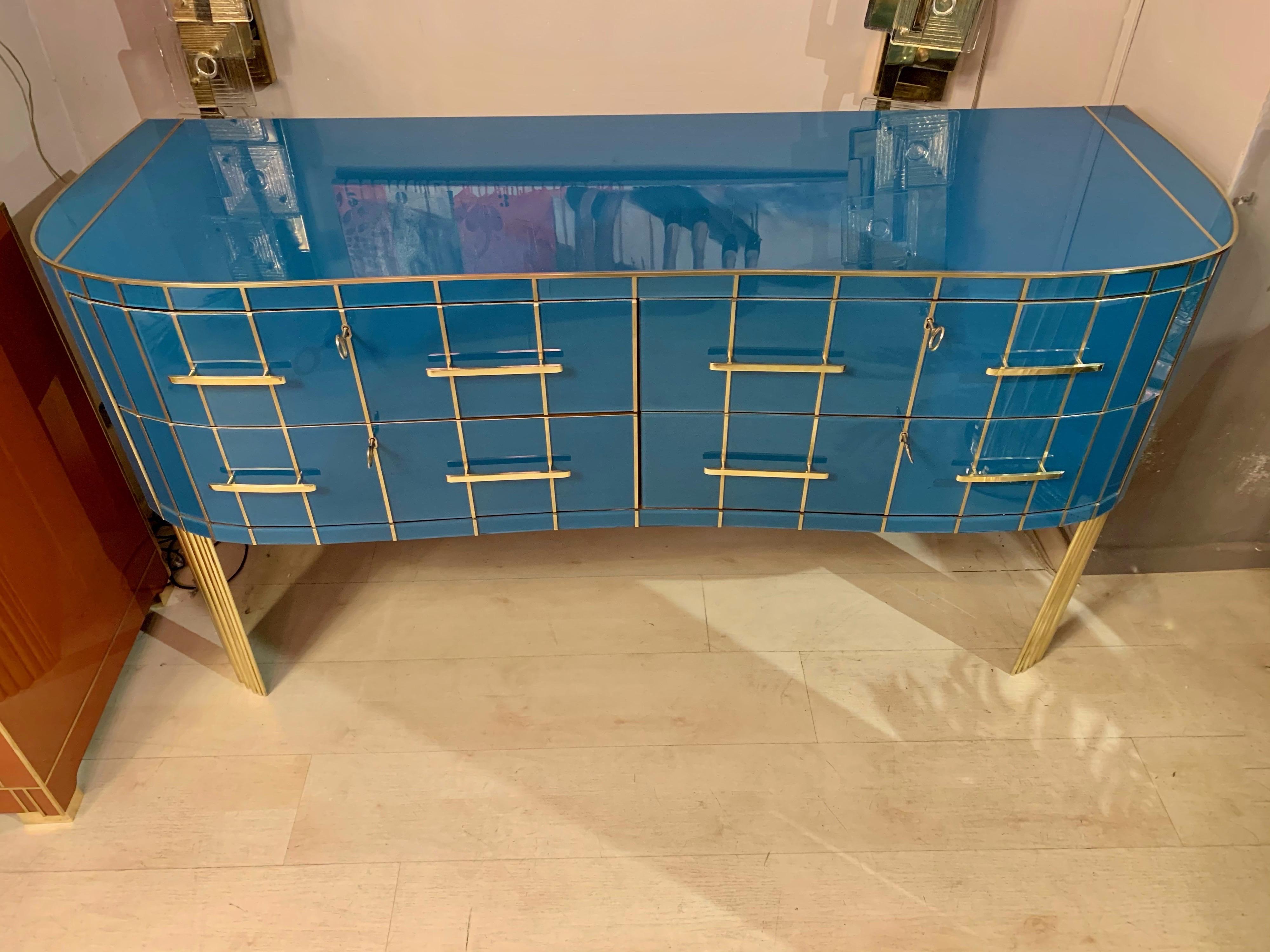 Italian Turquoise Opaline Glass Chest of Drawers, Brass Handles and Inlays, 1980 4