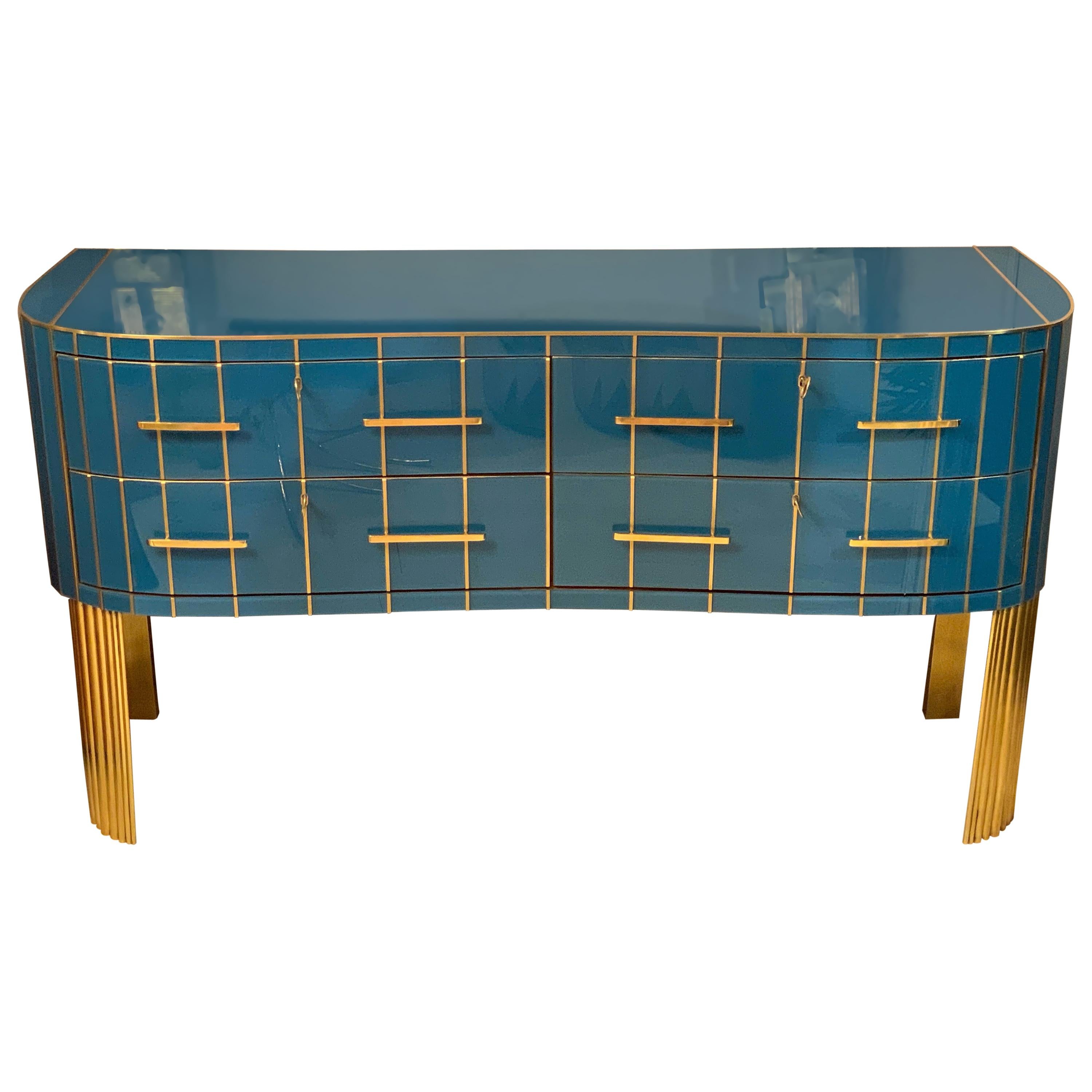 Italian Turquoise Opaline Glass Chest of Drawers, Brass Handles and Inlays, 1980