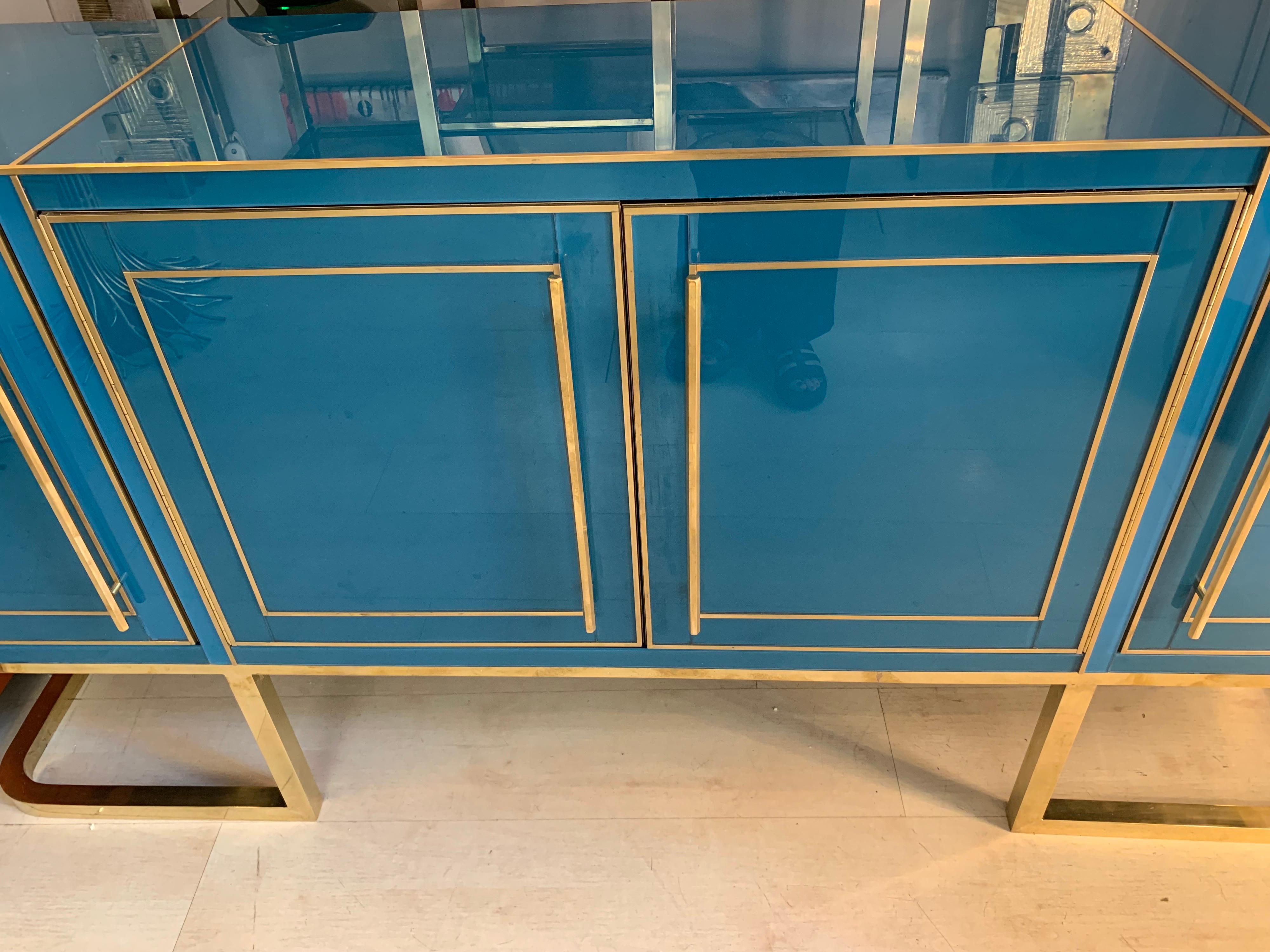 Italian Turquoise Opaline Glass Credenza, Brass Handles and Inlays, 1980 5