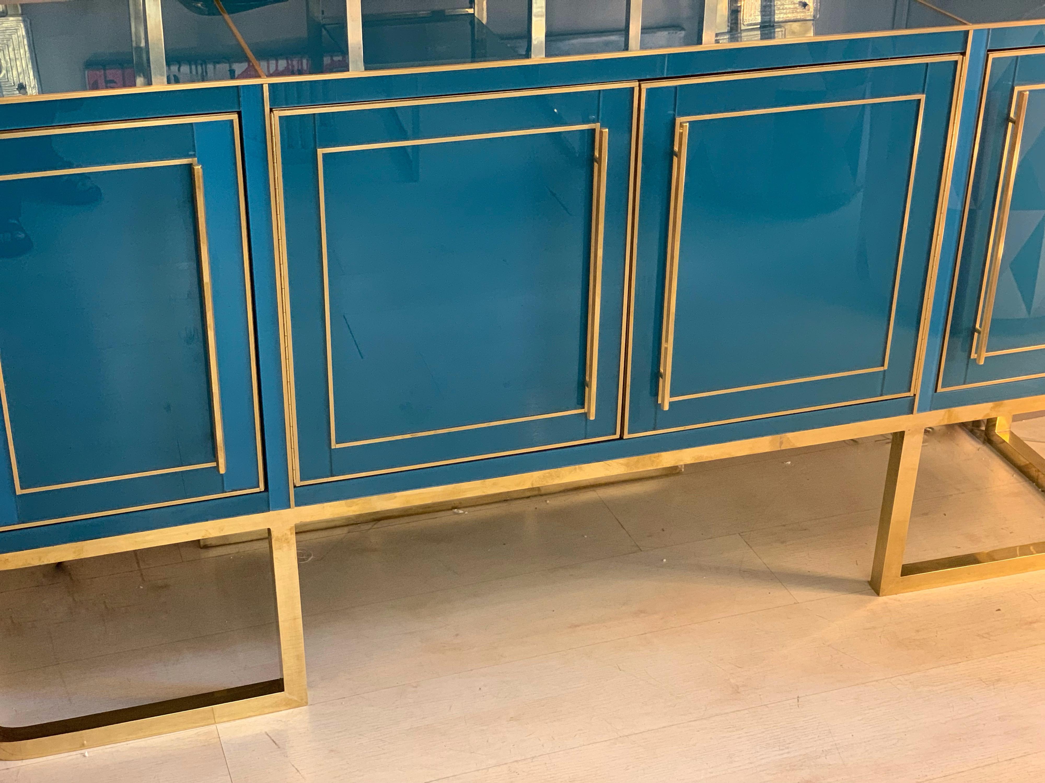 Italian Turquoise Opaline Glass Credenza, Brass Handles and Inlays, 1980 6