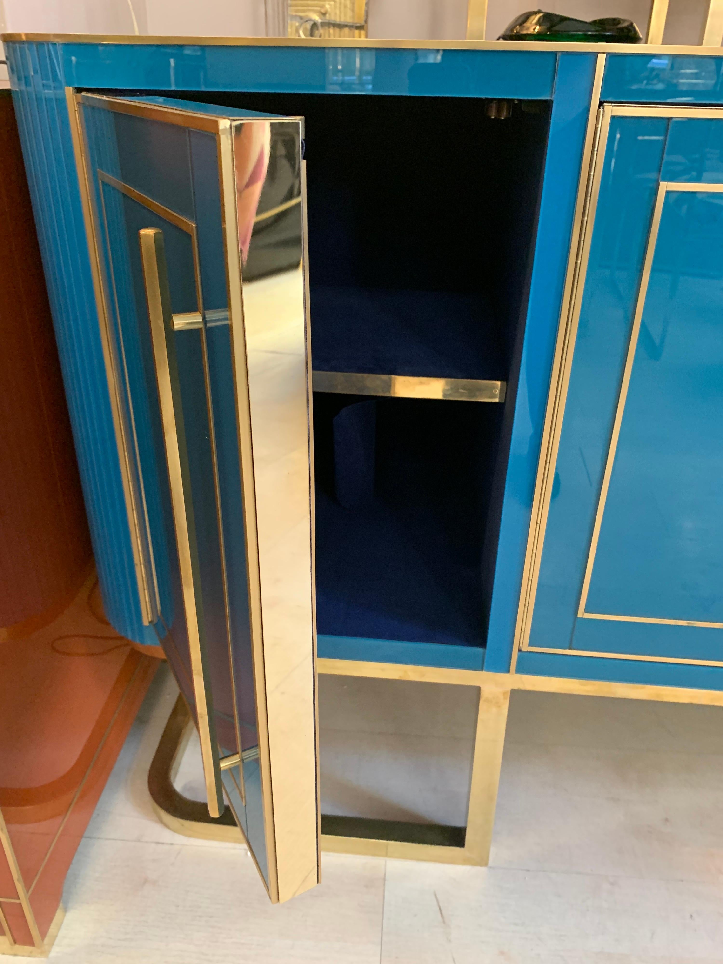 Italian Turquoise Opaline Glass Credenza, Brass Handles and Inlays, 1980 7