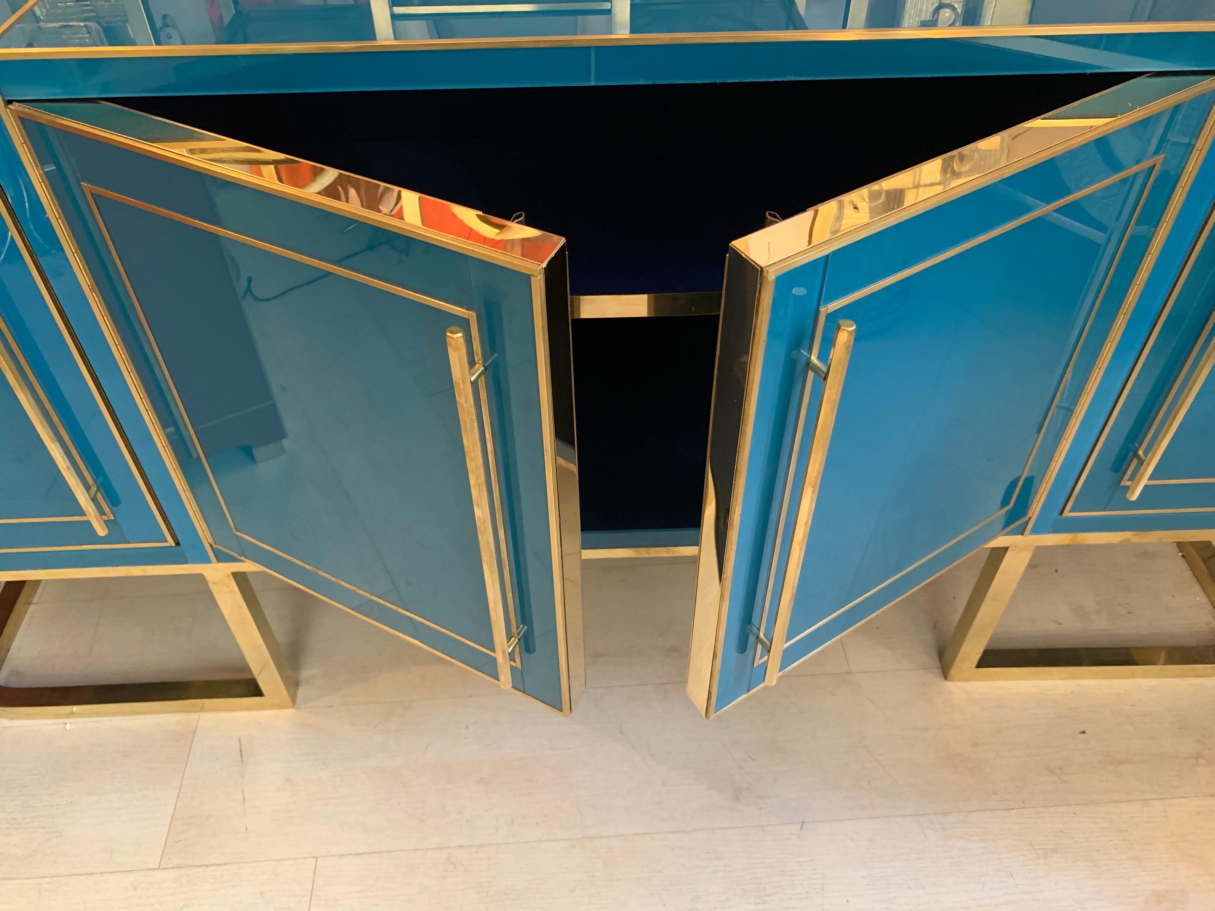 Italian Turquoise Opaline Glass Credenza, Brass Handles and Inlays, 1980 8