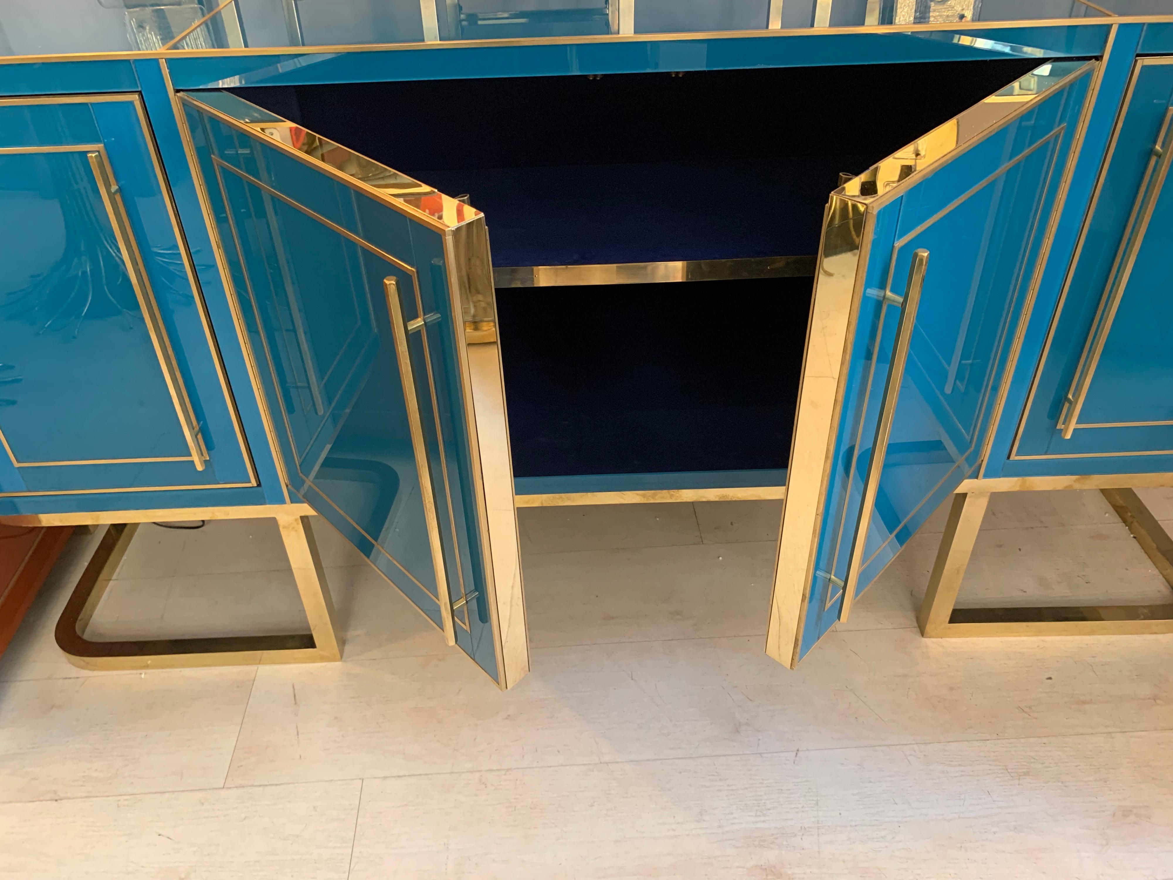 Italian Turquoise Opaline Glass Credenza, Brass Handles and Inlays, 1980 9
