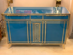 Italian Turquoise Opaline Glass Credenza, Brass Handles and Inlays, 1980