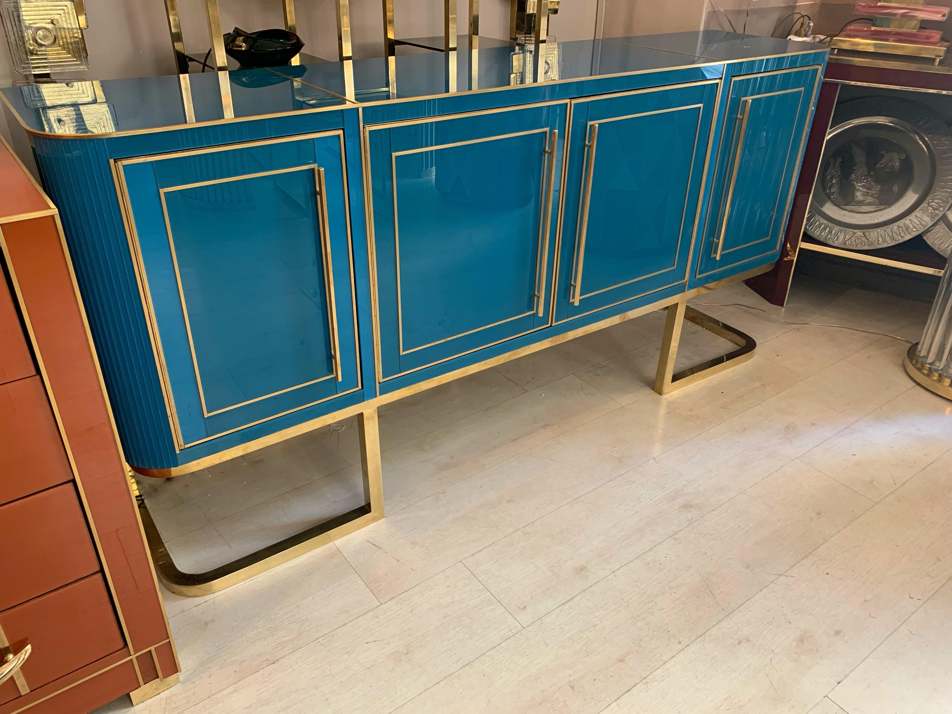 Modern Italian Turquoise Opaline Glass Credenza, Brass Handles and Inlays, 1980