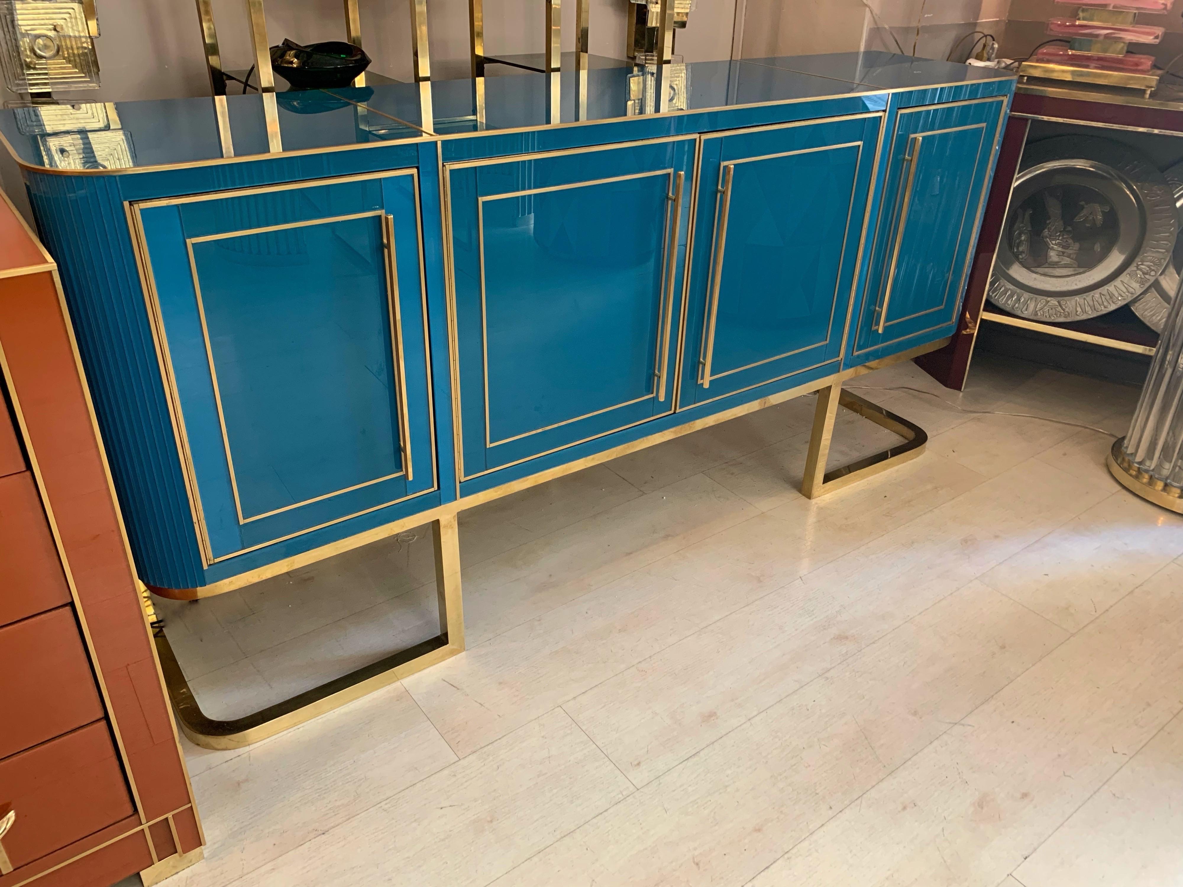 20th Century Italian Turquoise Opaline Glass Credenza, Brass Handles and Inlays, 1980