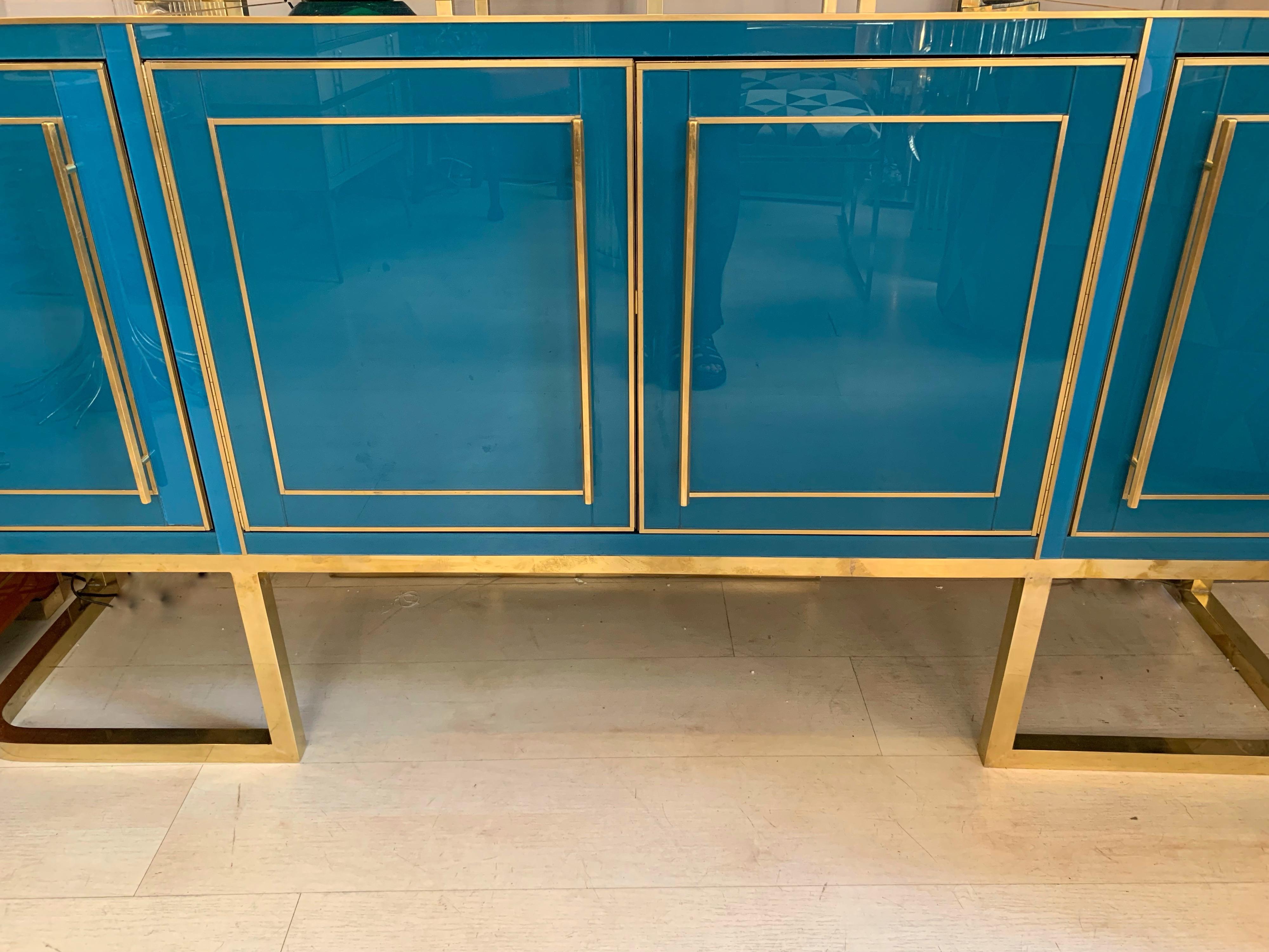 Italian Turquoise Opaline Glass Credenza, Brass Handles and Inlays, 1980 1