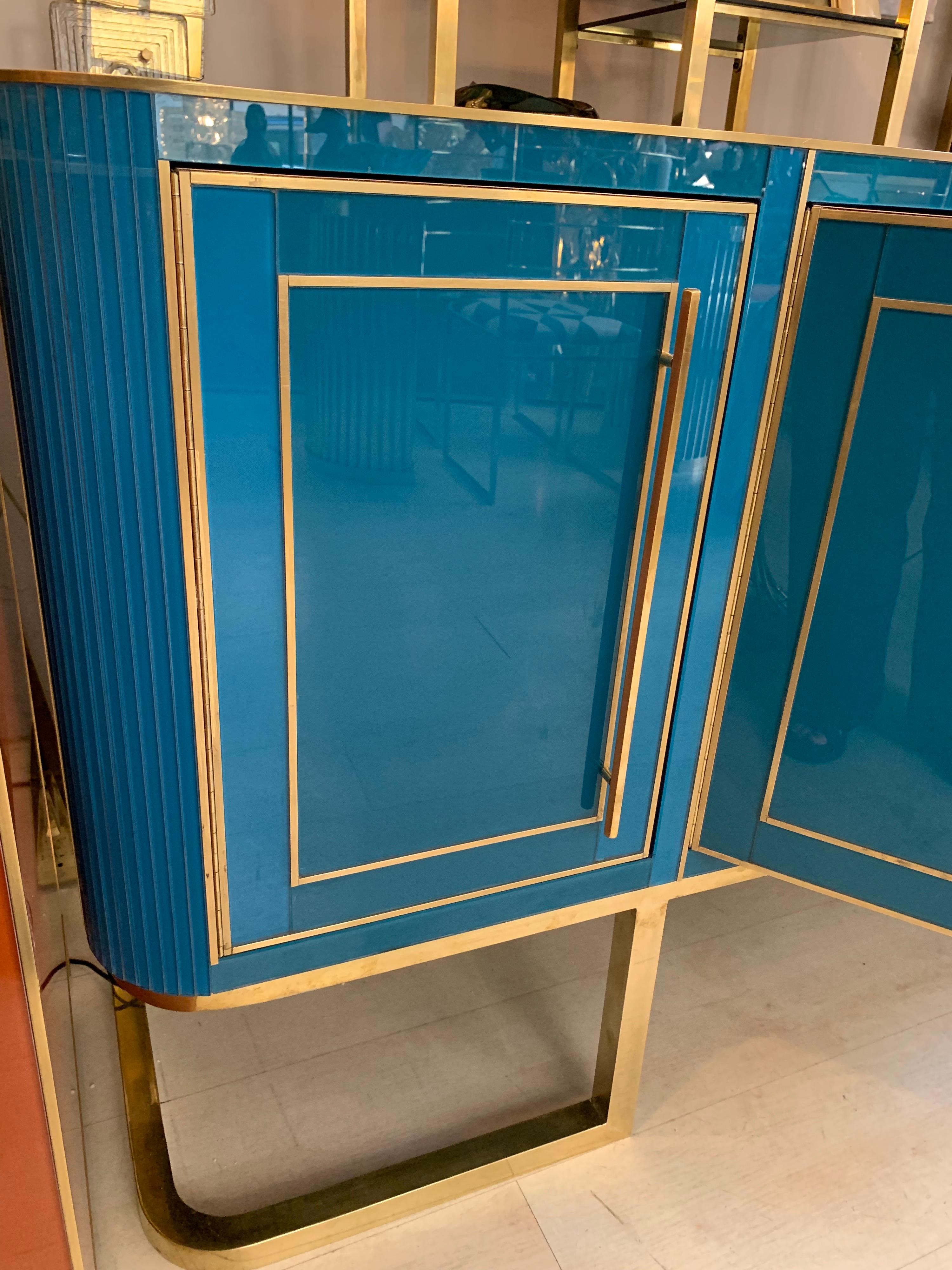 Italian Turquoise Opaline Glass Credenza, Brass Handles and Inlays, 1980 2