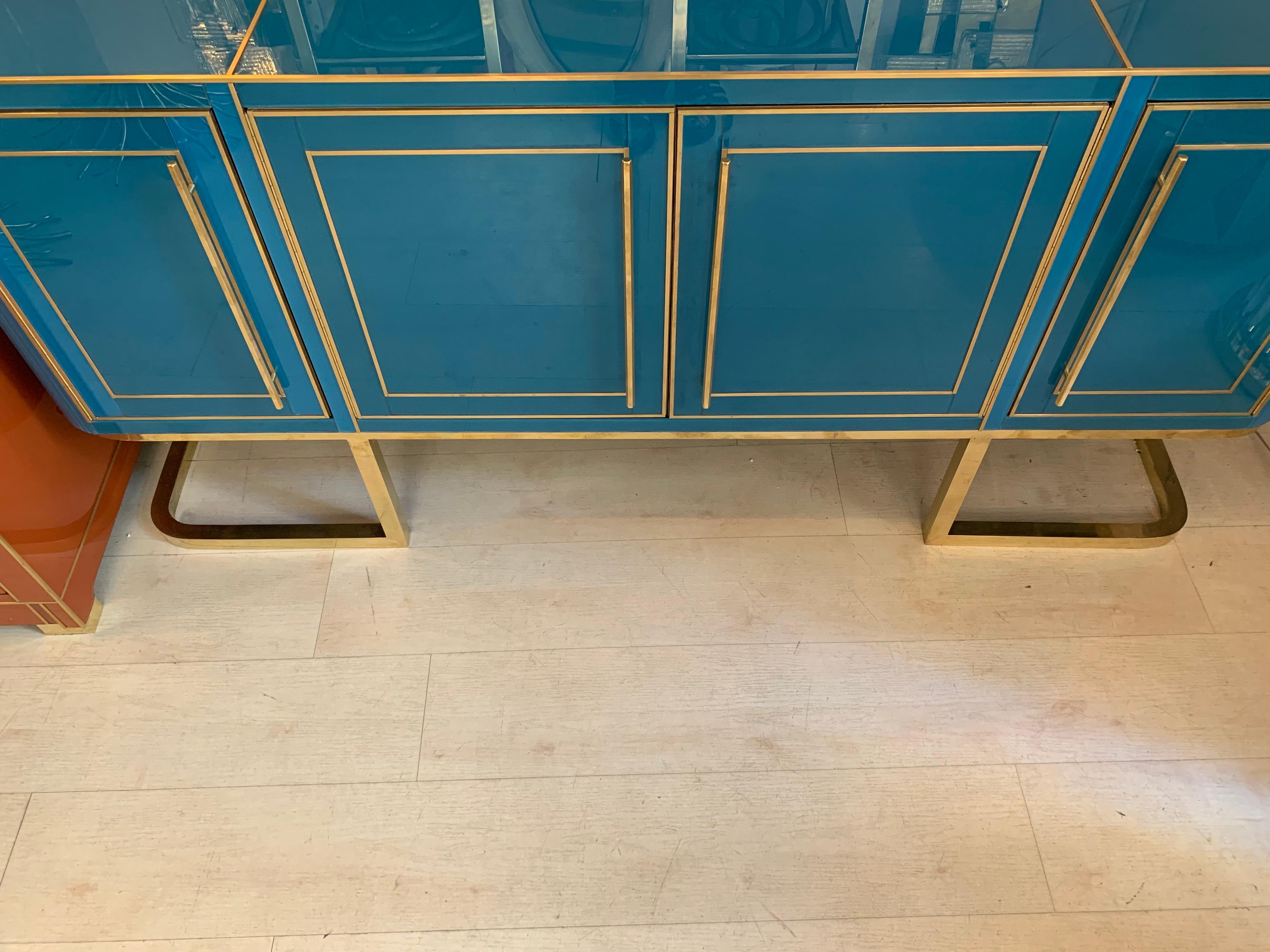 Italian Turquoise Opaline Glass Credenza, Brass Handles and Inlays, 1980 3