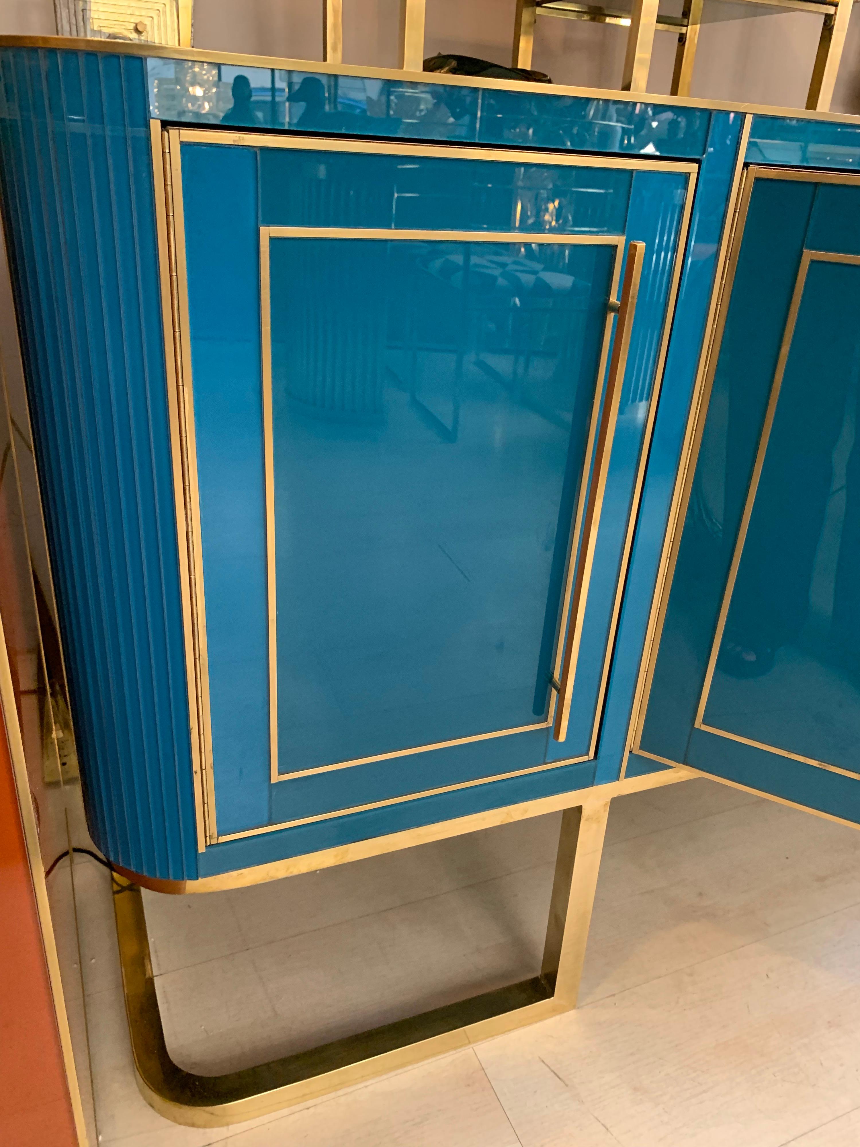 Italian Turquoise Opaline Glass Credenza, Brass Handles and Inlays, 1980 4