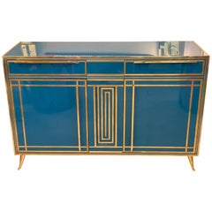 Retro Italian Turquoise Opaline Glass Credenza, Brass Handles and Inlays, 1980